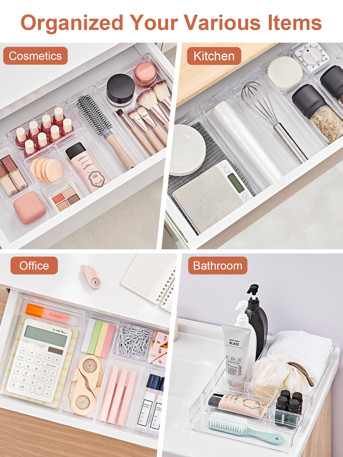 SMARTAKE 37 PCS Drawer Organizer 4 Size Desk Makeup Drawer Organizer Clear