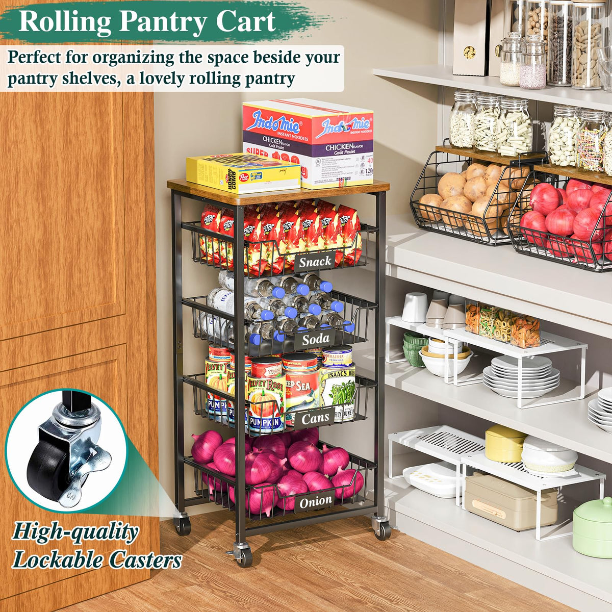 OKZEST 5-Tier Kitchen Storage Cart with 4 Upgraded Drawer Basket & Wood Top