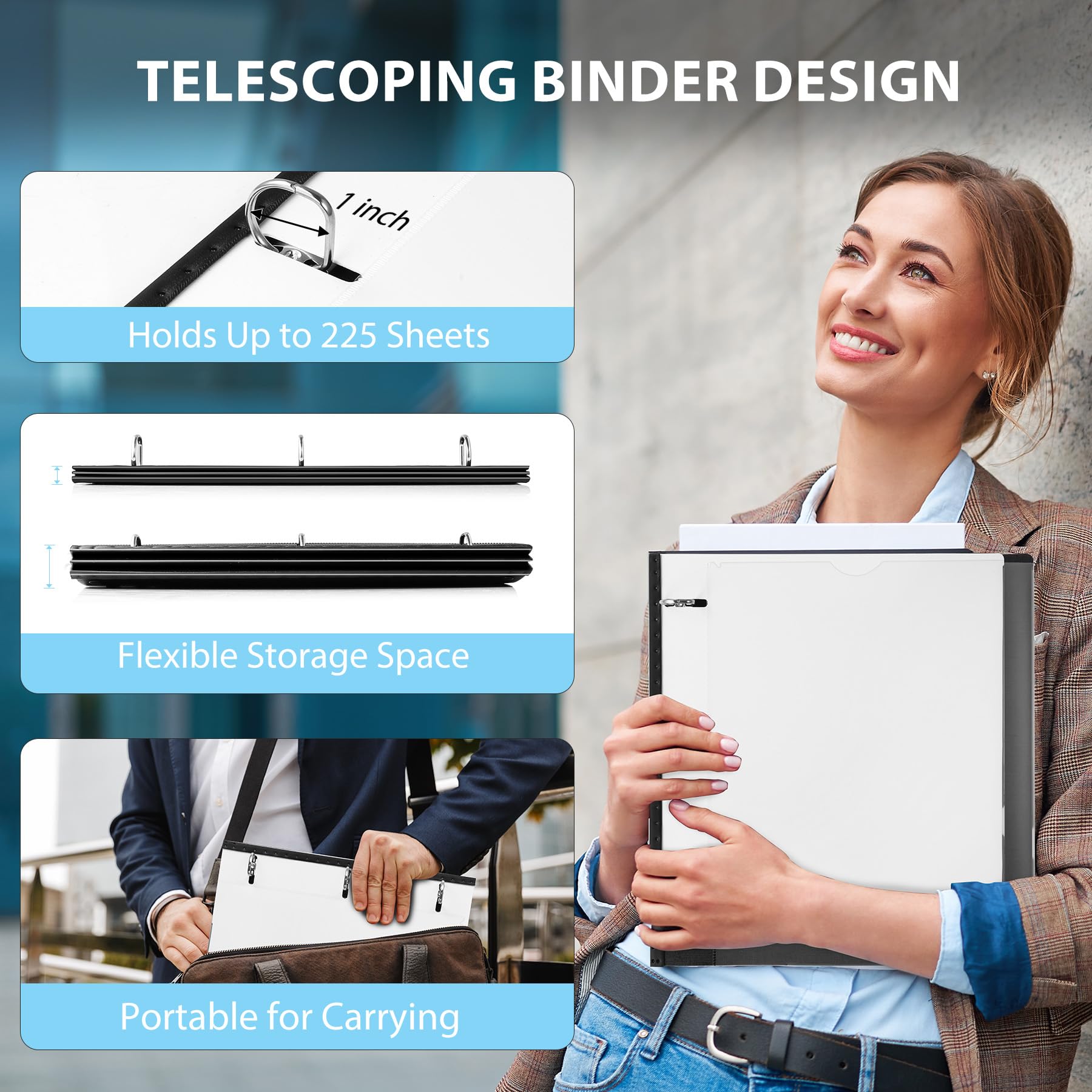 WOT I 1 Inch Telescoping 3 Ring Binder 4 Pack, Expandable Flexible Binder with Customizable Front