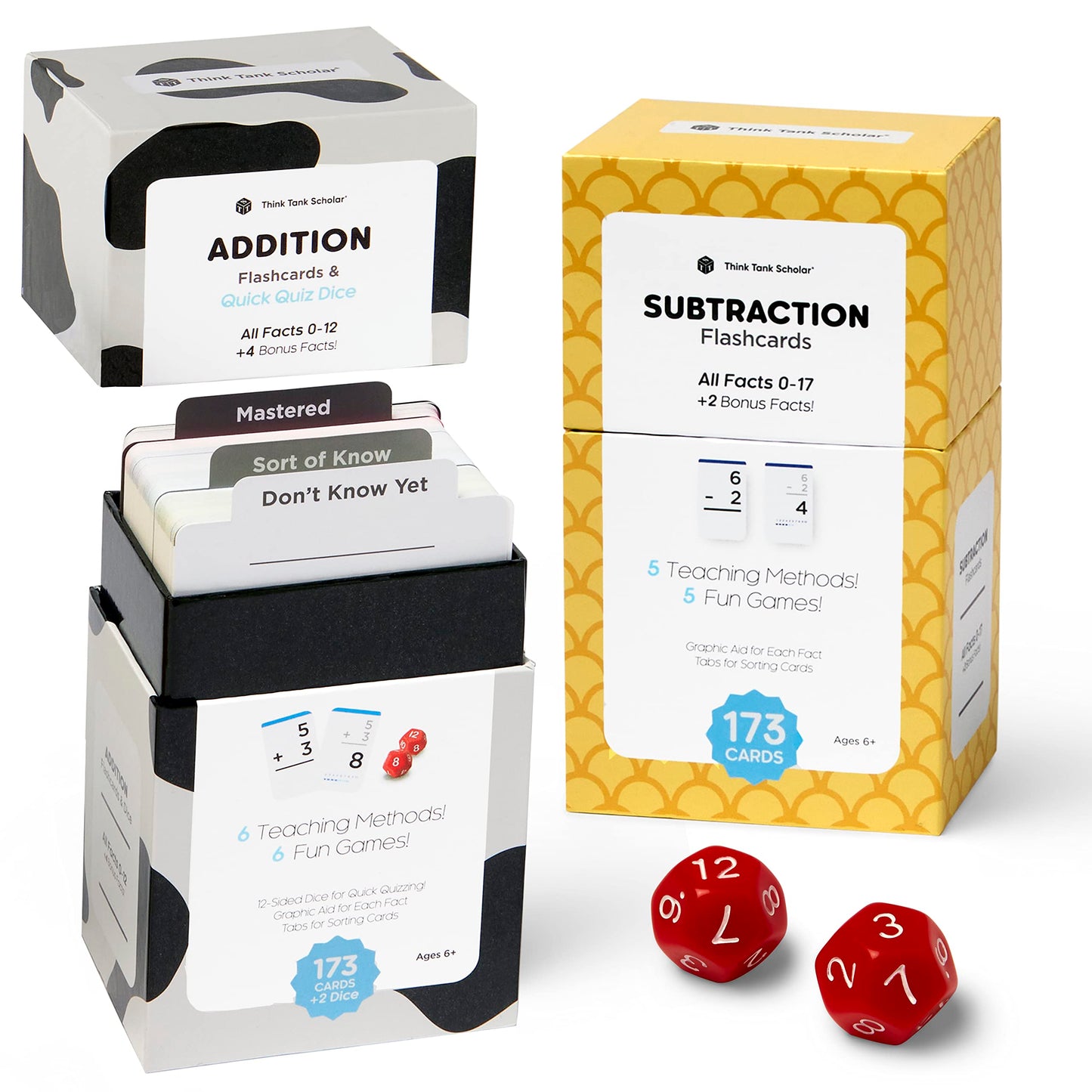 Think Tank Scholar 346 Addition and Subtraction Flash Cards +2 Dice Set (Award Winning) All Facts