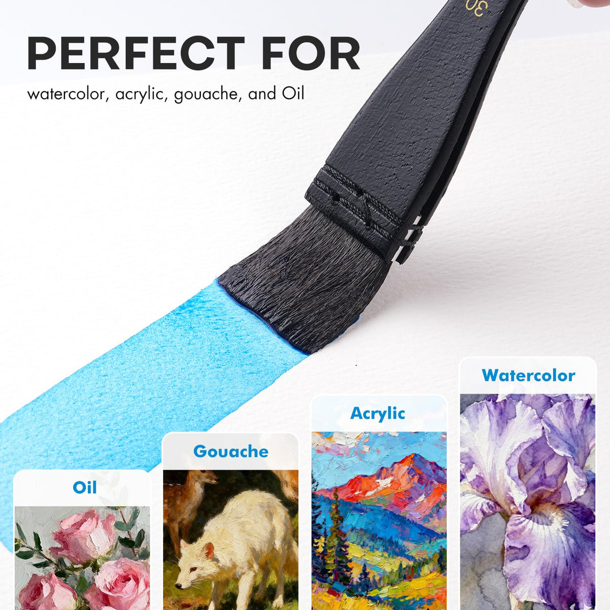 Flat Watercolor Brushes, Fuumuui 30mm Professional Squirrel Hair Flat Hake Brushes, Artists Scale