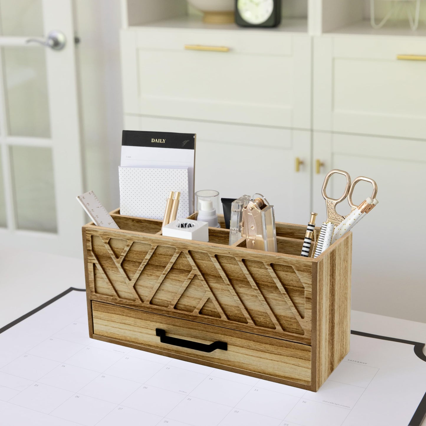 BLU MONACO Natural Wood Desktop Pen Organizer with Drawer - Stylish and Versatile Pen Holder and