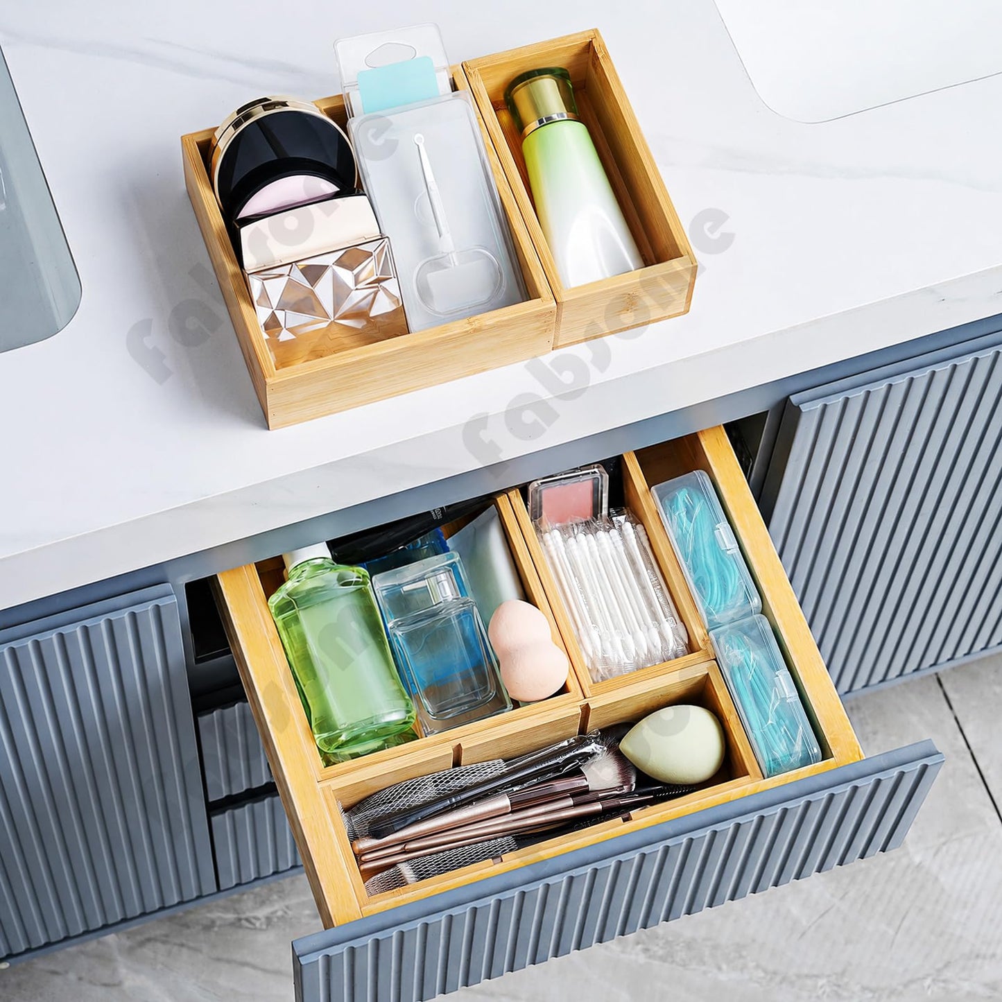 Fabsome Drawer Organizer, Set of 9 Bamboo Wood Kitchen Makeup Desk Junk Tea Drawer Storage Boxes