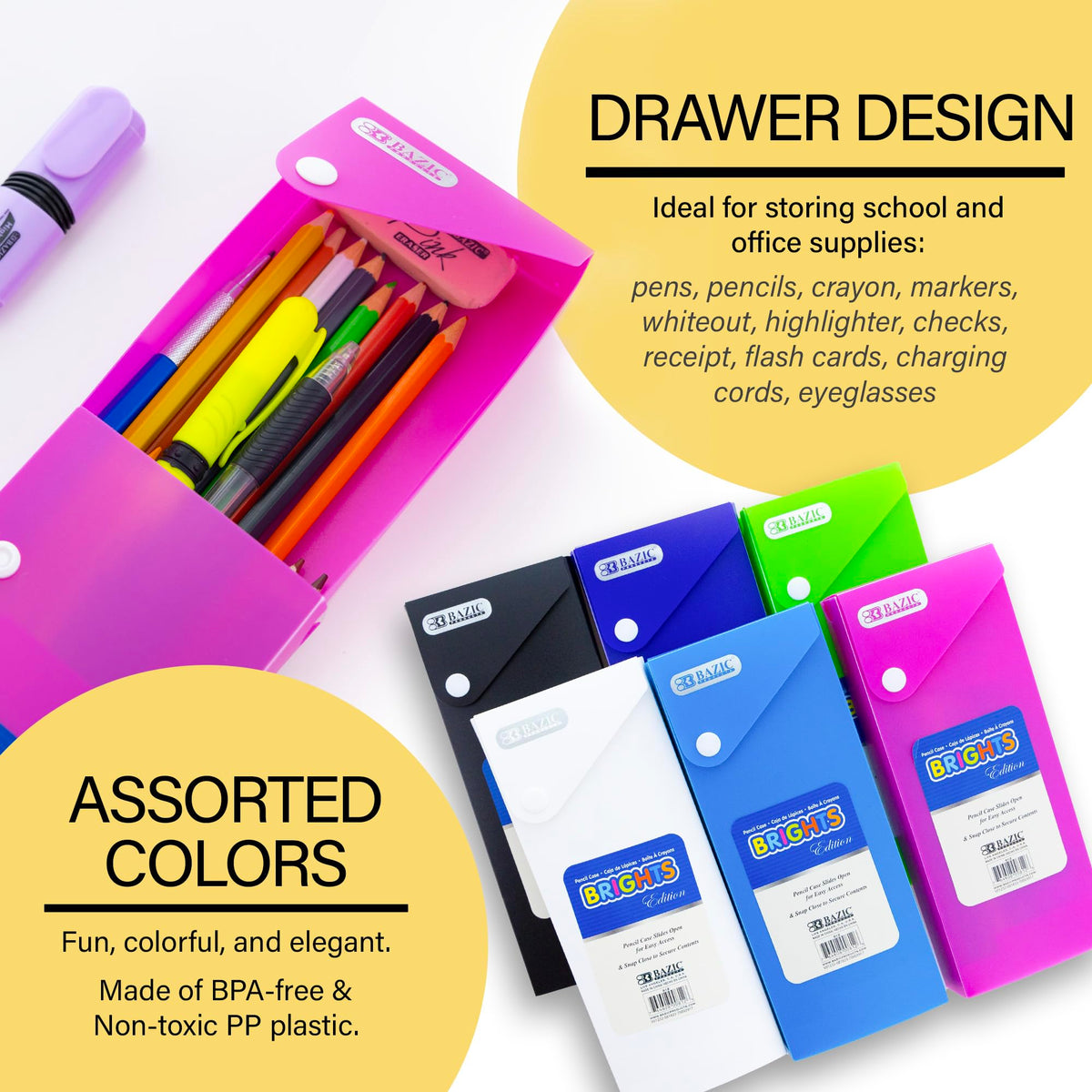 BAZIC PRODUCTS Bright Color Slider Pencil Case, 36-Case