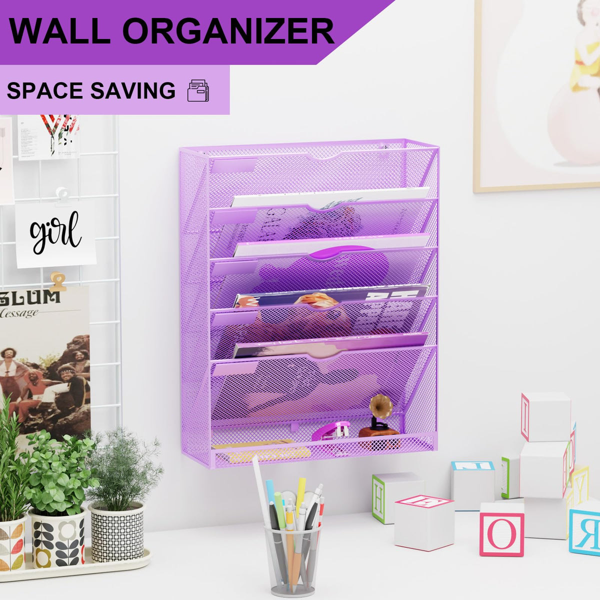 GDINDINFAN Hanging Wall File Organizer 6 Tier Wall Mounted Mail Paper Folder Holder Document