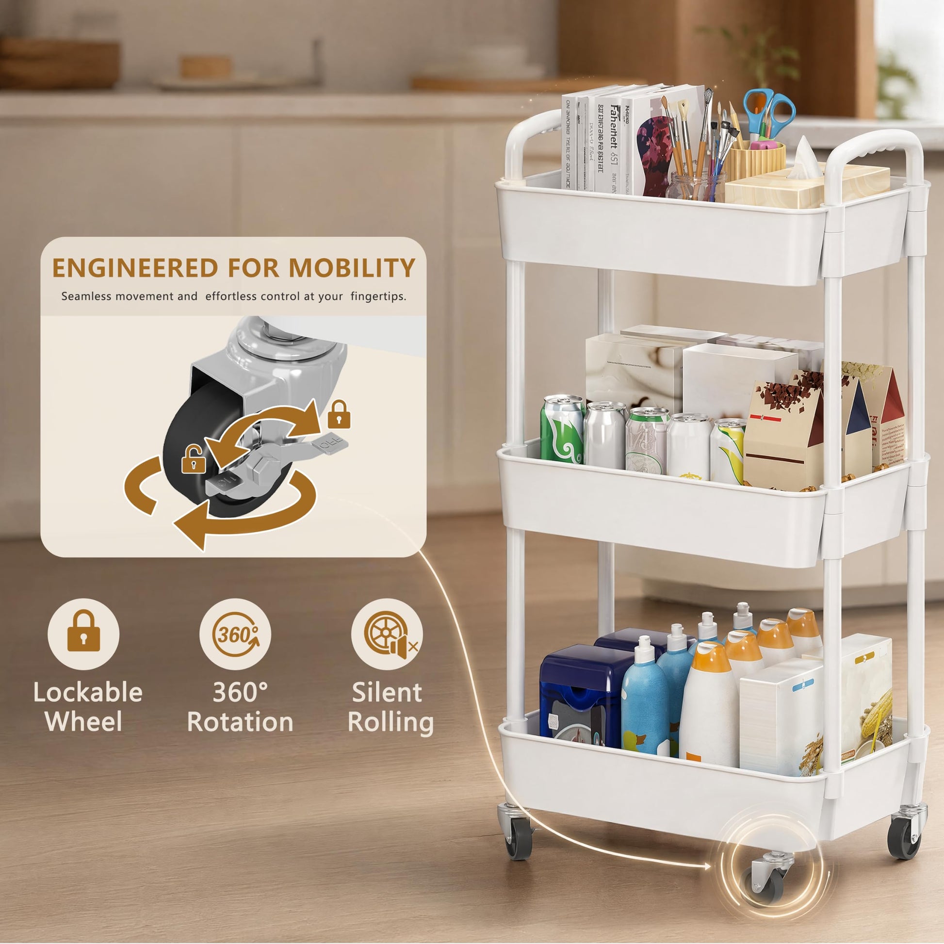 3 Tier Rolling Cart with Wheels, Utility Storage Carts,White