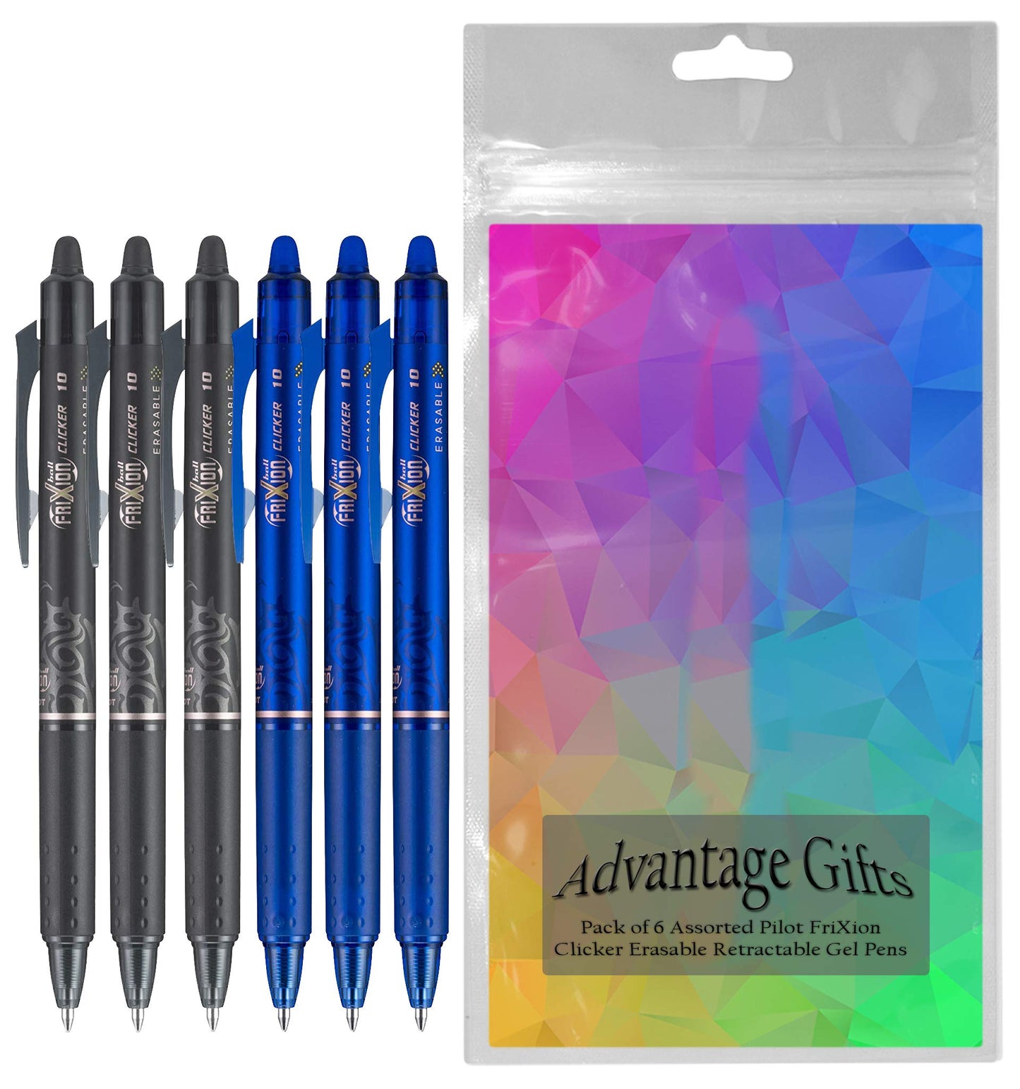 Clicker Retractable Erasable Gel Pen, Black/Blue, Bold Point, 6-pk;