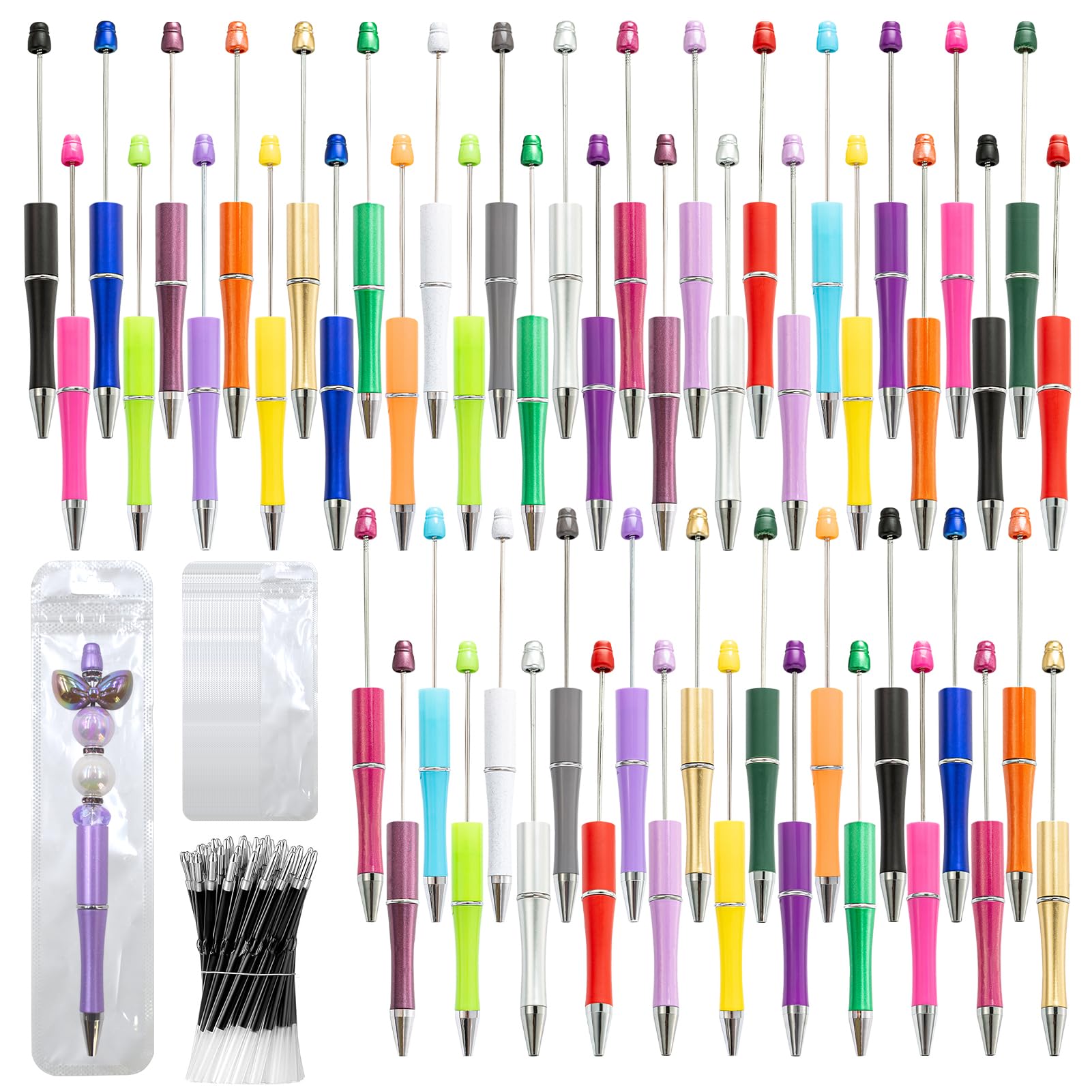 DASTTUIS 300 Pieces DIY Beadable Pen Kit – 100 Plastic Ballpoint Pens with Refills & Bags – School