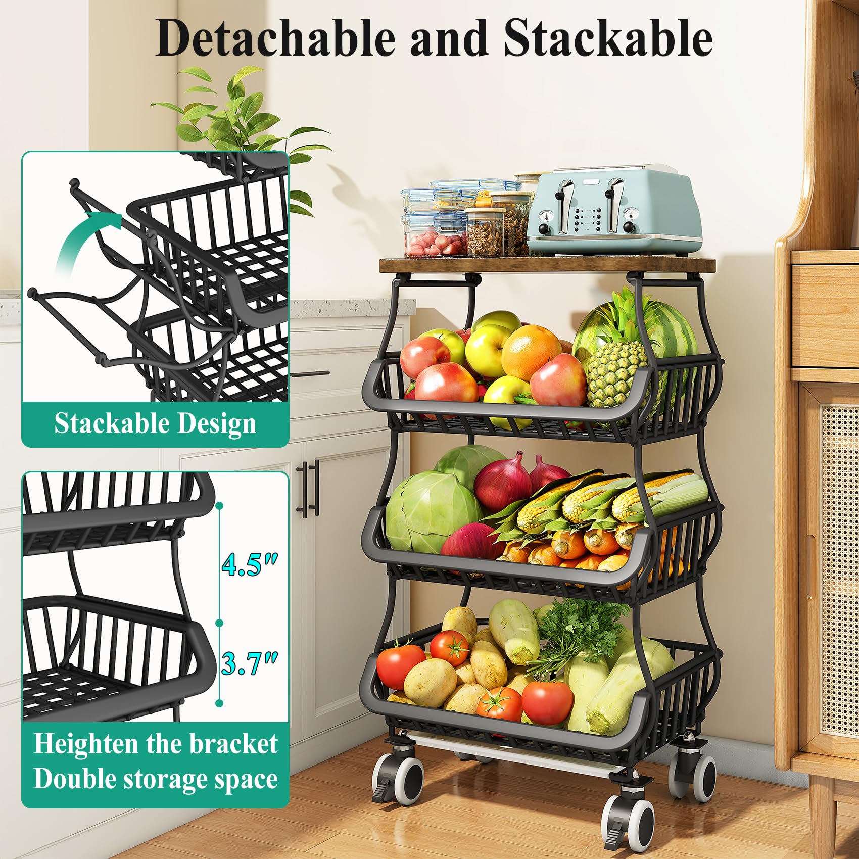 SAYZH 4-Tier Fruit and Vegetable Basket Stand for Kitchen, Wood Top, Black