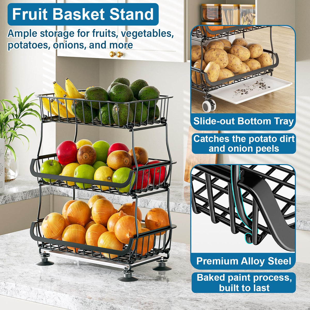 OKZEST 3-Tier Rolling Pantry Floor Organizers and Storage Cart with Wheels