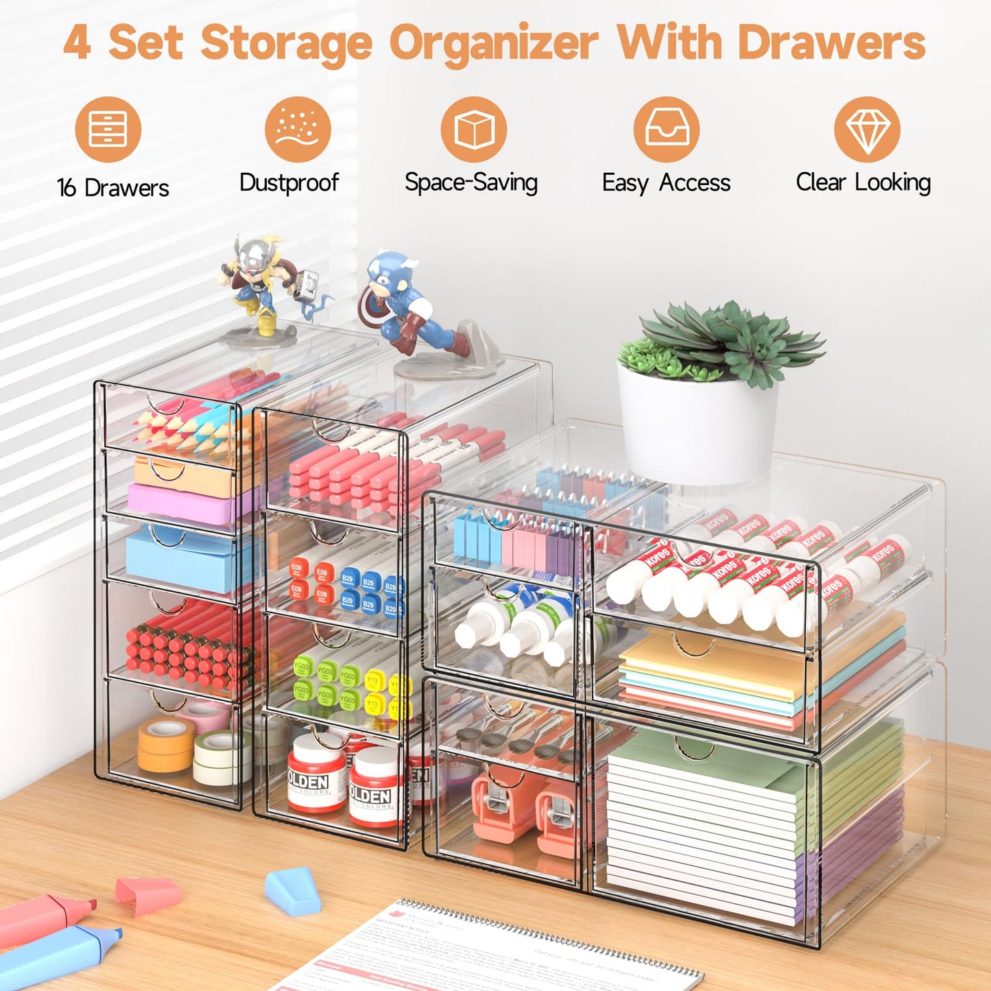 DOMNIU Acrylic Makeup Drawer Storage Organizer with 16 Drawers, 4 Set