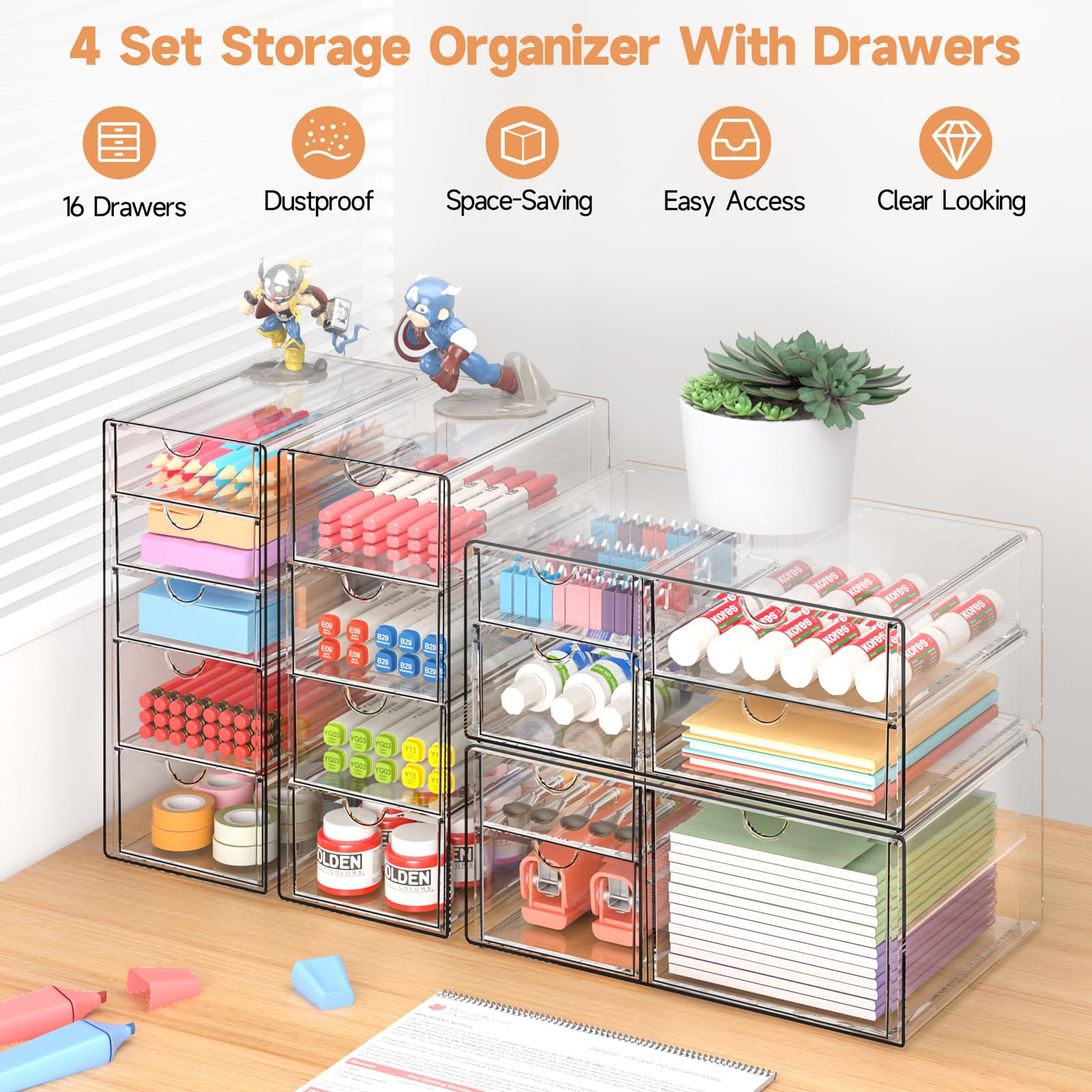 DOMNIU Acrylic Makeup Drawer Storage Organizer with 16 Drawers, 4 Set