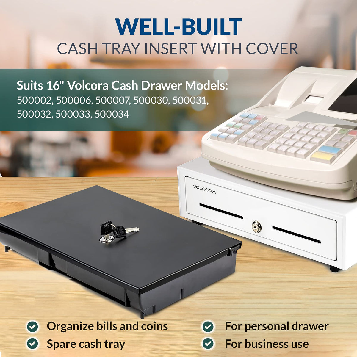 Volcora Cash Drawer Tray with Locking Cover - 14.1 x 13 x 2.5 Inch Metal Cash Lock Box with Lid - 5