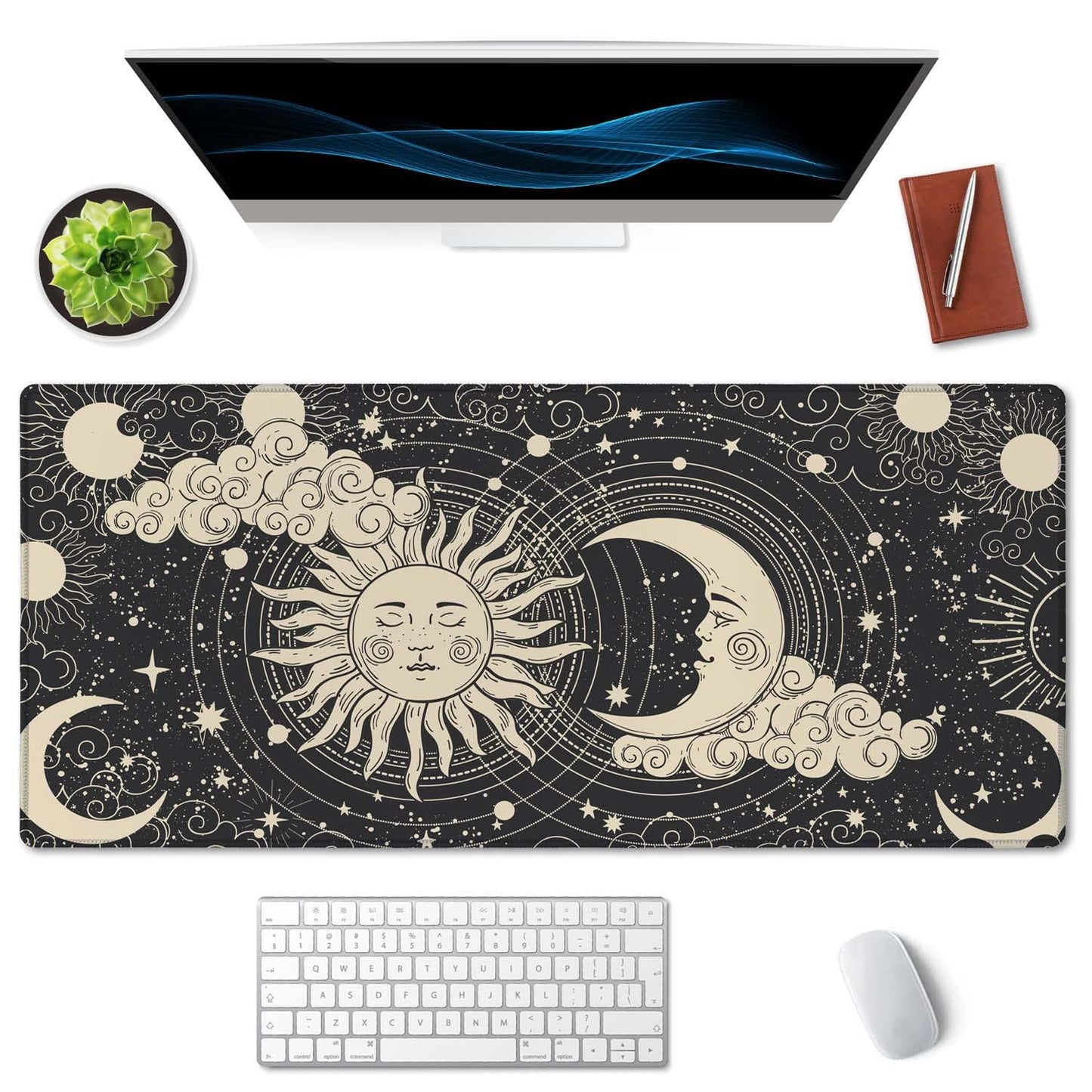 SSOIU Astrology Sun with Moon Mouse Pad 35.5 X 15.7 Inch XXL Black Full Desk Mousepad Extended