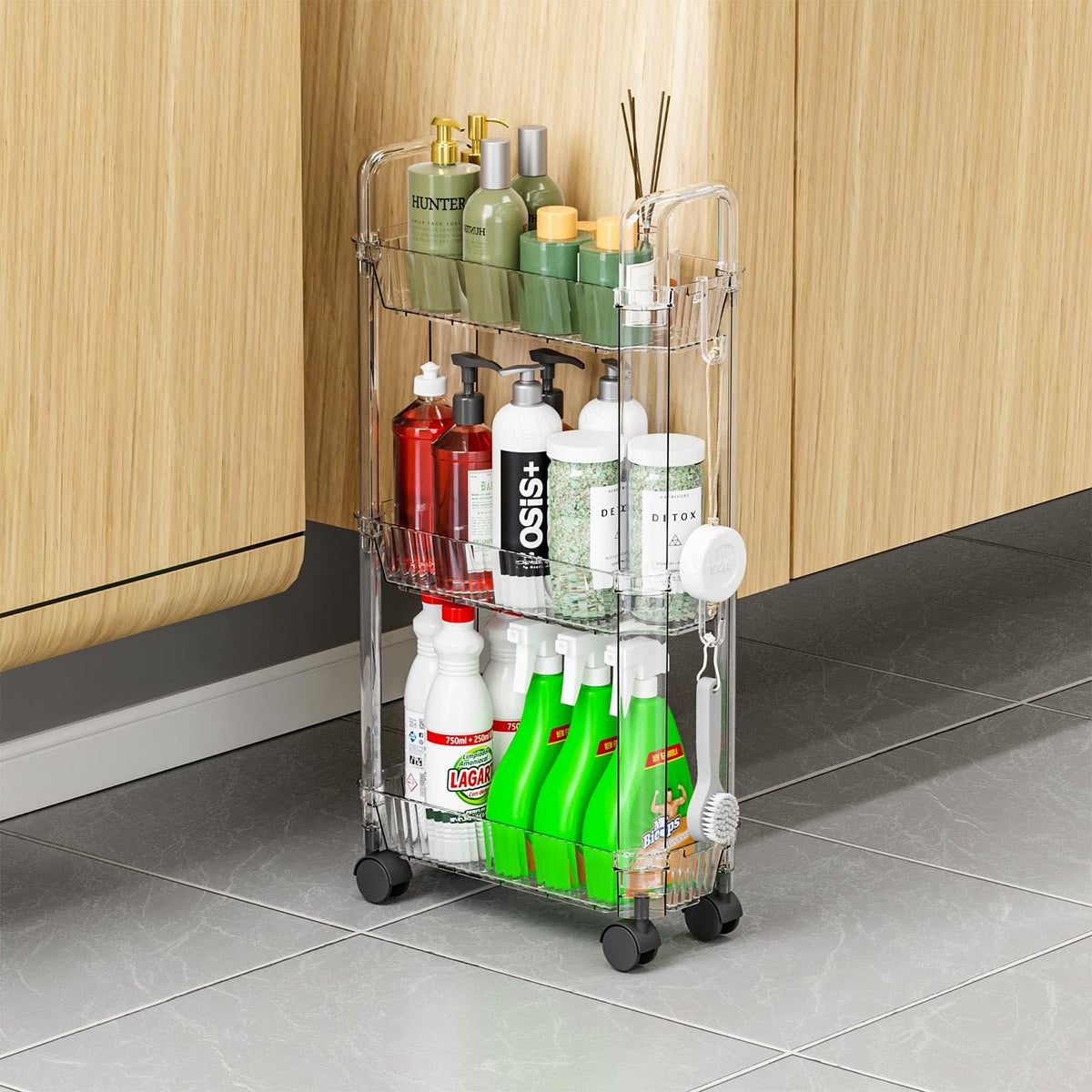 3 Tier Slim Rolling Storage Cart with Wheels for Small Space,Clear Modern Design Slim Utility Cart