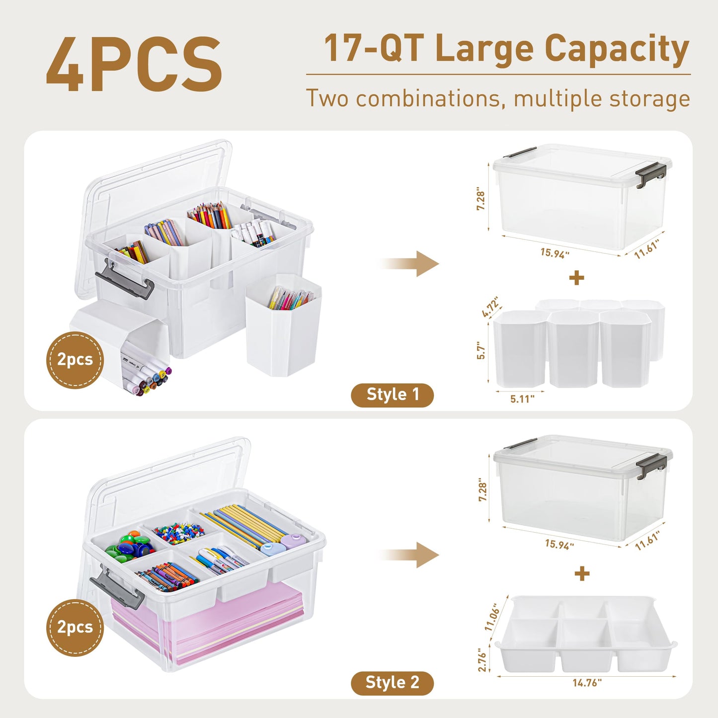 Citylife 17QT 4Packs Clear Craft Organizers and Storage Bins with Lids