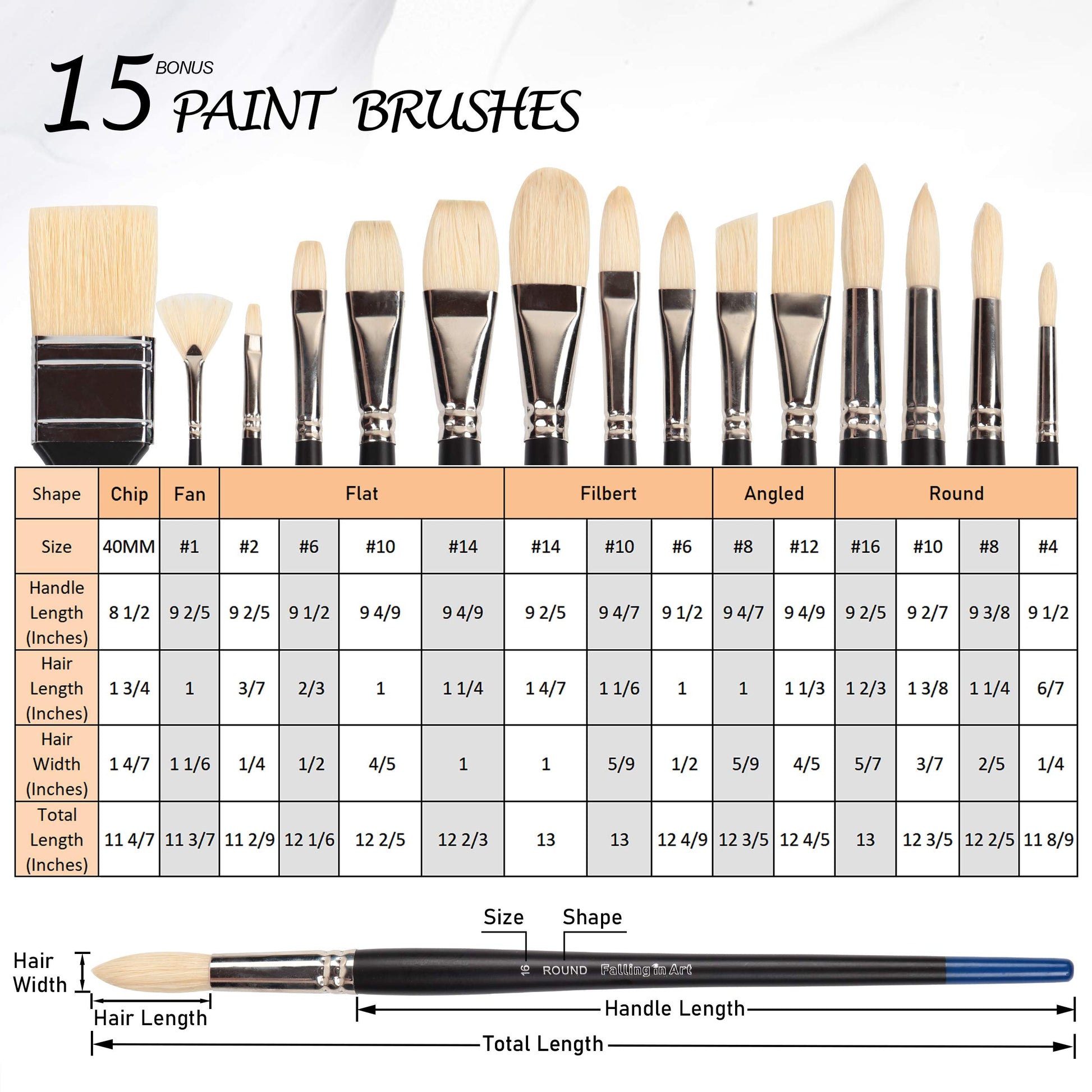 Falling in Art 15 Pcs Professional Oil Paint Brush Set, Natural Hog Bristle