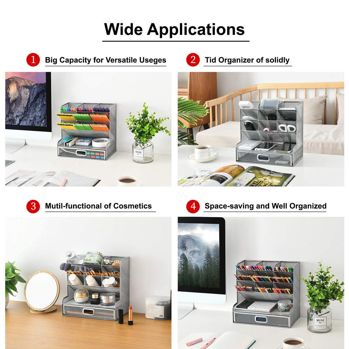Marbrasse Larger Mesh Desk Organizer with Drawer, Multi-Functional Pen Pencil Holder, Desk
