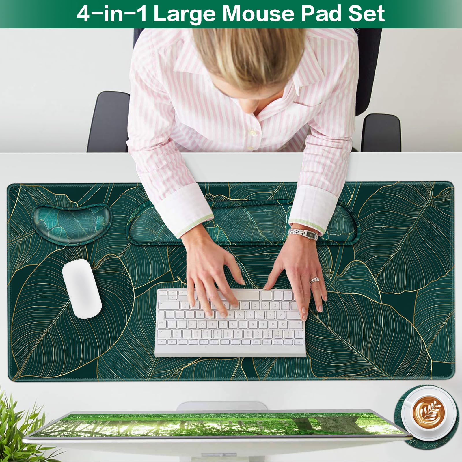 Desk Mat, Large Gaming Mouse Pad with Wrist Rest, 4 in1