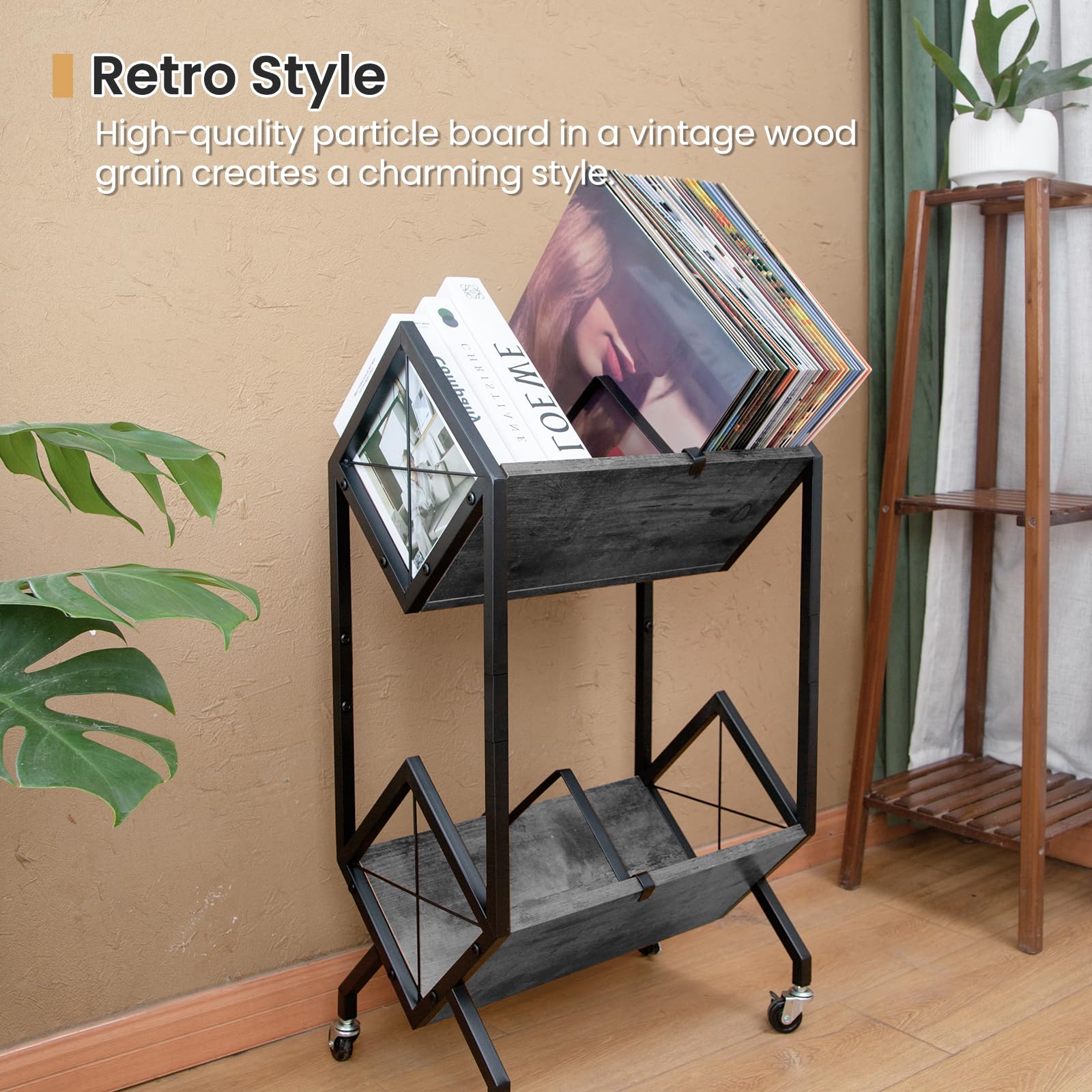 SwaaVee Vinyl Record Storage Holder with Wheels, 2-Tier Record Holder 160-200 LP with Dividers