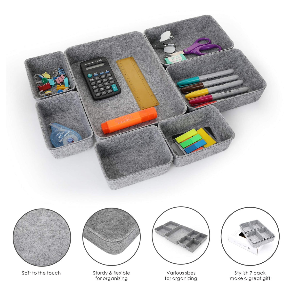 Welaxy 7pc Felt Desk Drawer Organizers Trays Gray Office Home Storage Bins