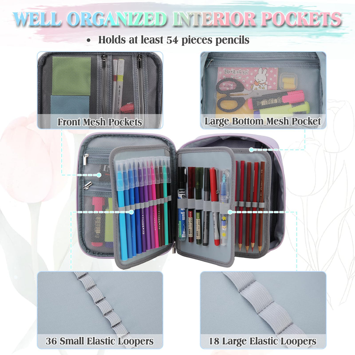 VX VONXURY Large Pencil Case, 54-Slot Colored Pen Pouch 2 Removable Sleeves