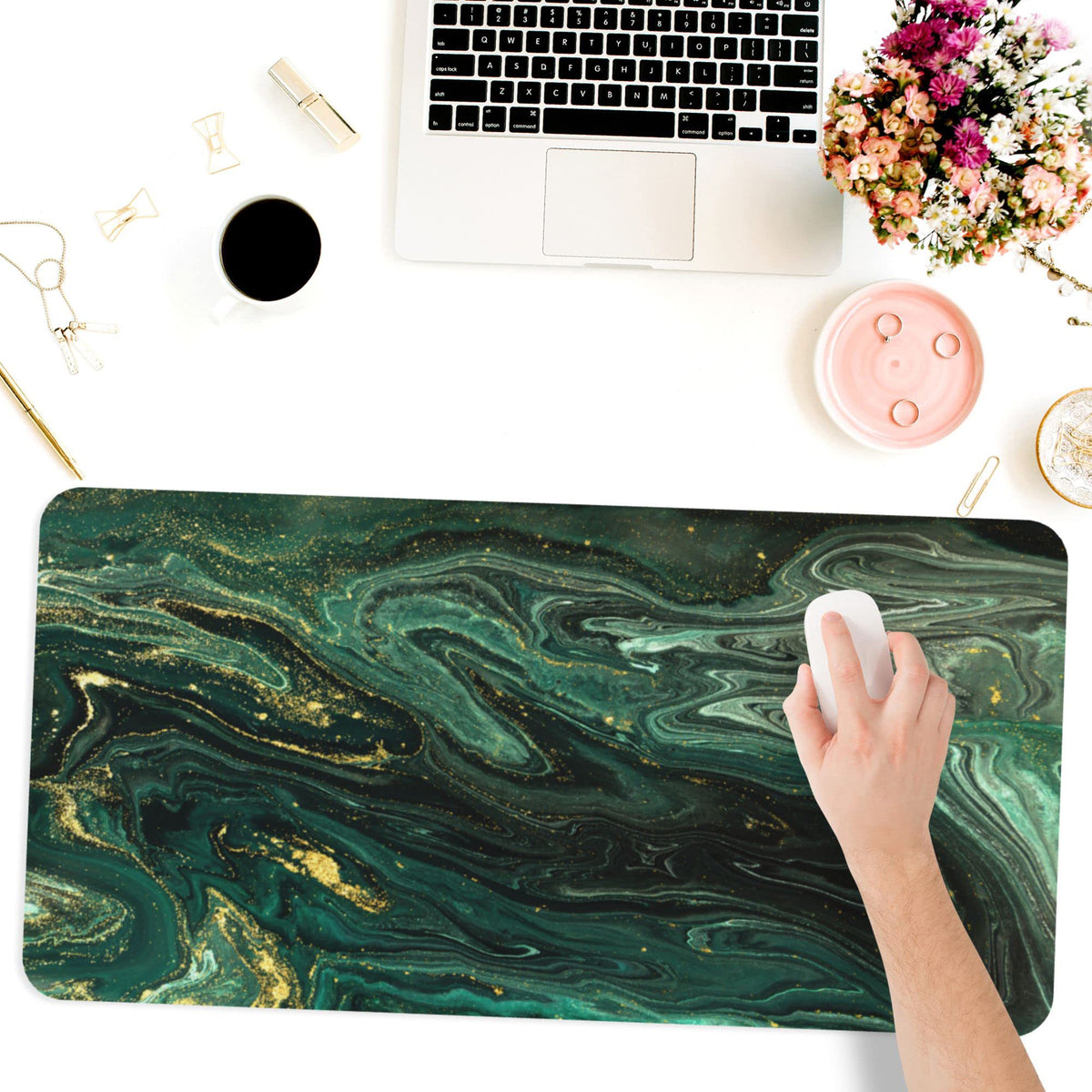 Desk Mat,Green Gold Liquid Marble Extended Gaming Mouse Pad for Office Work & Game,Computer