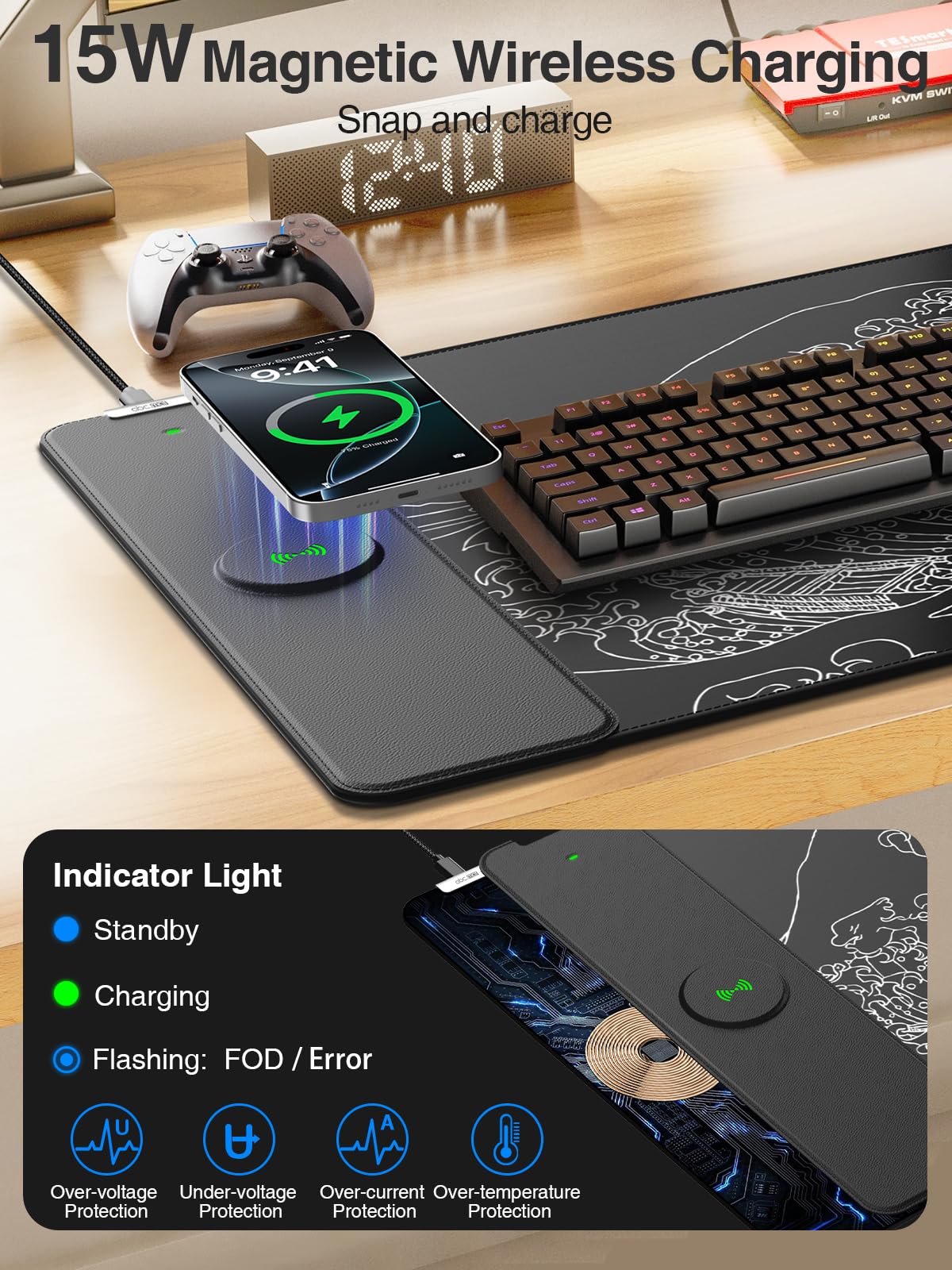 Magnetic Wireless Charging Mouse Pad, 31.5"x15.8" Large Desk Mat