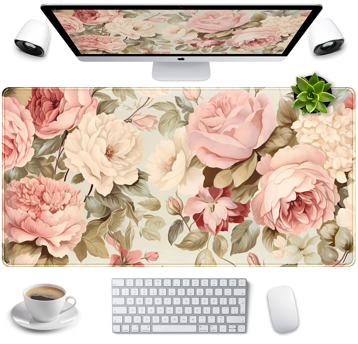 Cute Floral Desk Mat Pastel Roses Gaming Mouse Pad XXL Large Extended Flowers Desk Pad, Laptop