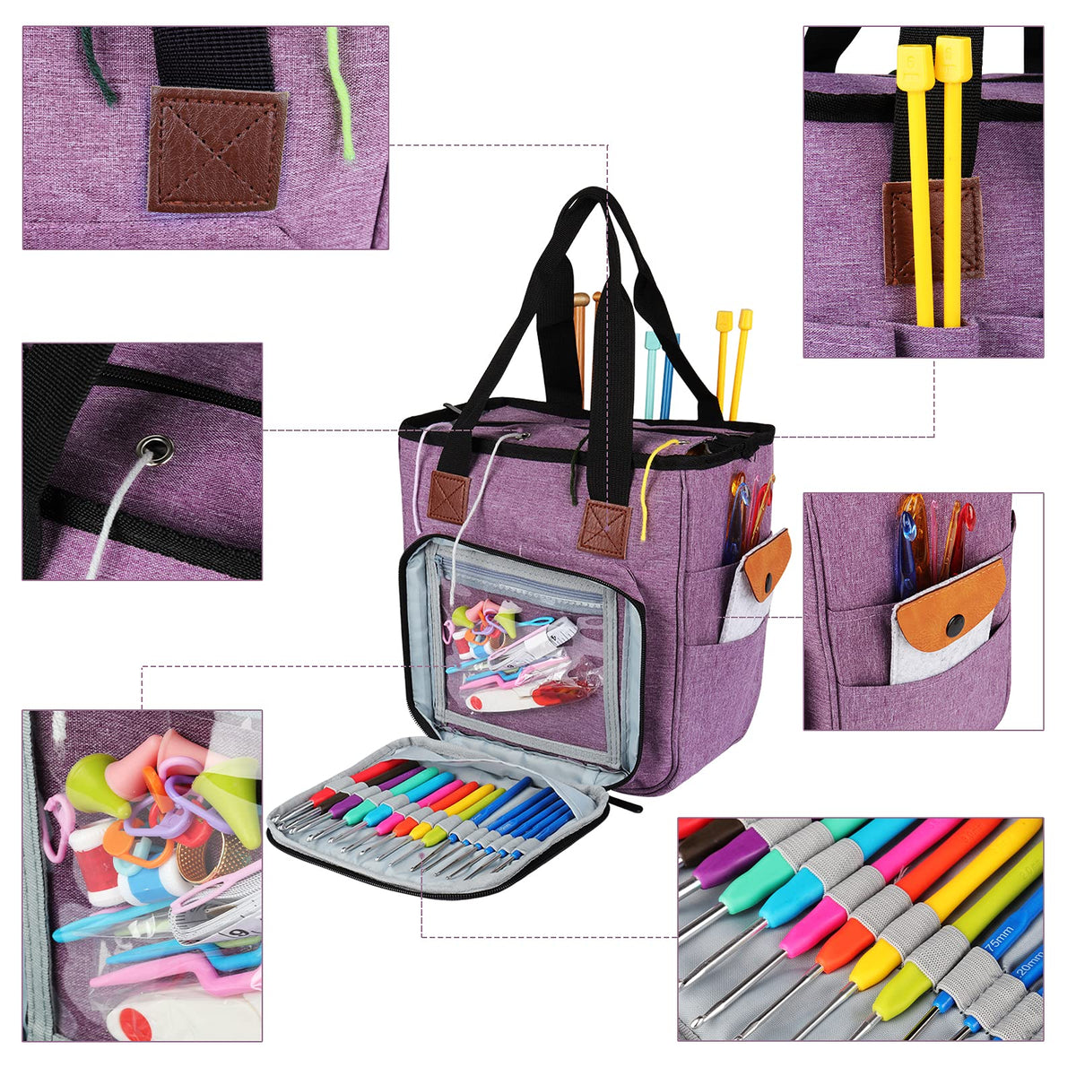 Coopay Crochet Bag w/Shoulder Strap, Yarn Storage Knitting Tote Bag-Purple