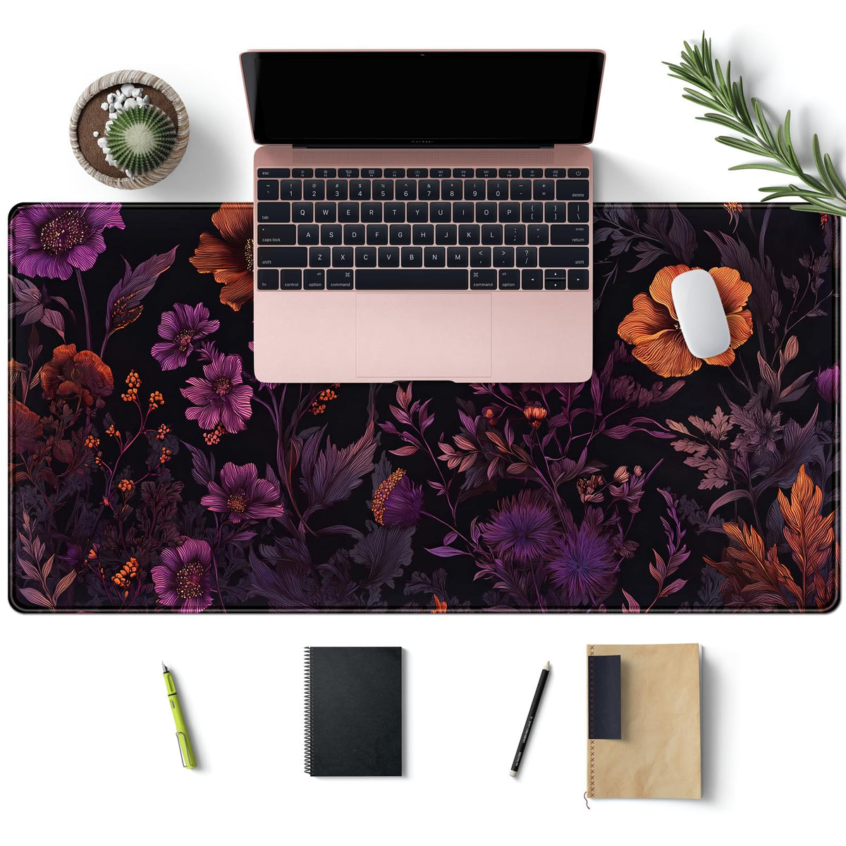 Cottagecore Desk Mat Floral Dark Purple Mouse Pad XXL Botanical Flower Large Gaming Mousepad