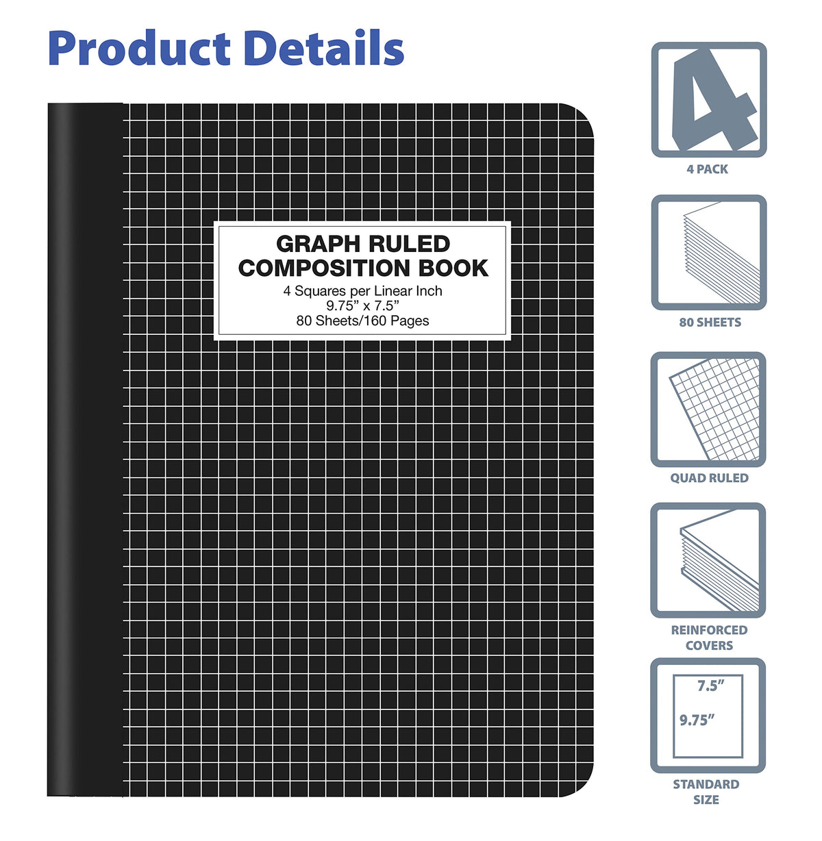 Better Office Products Quad Ruled Composition Book Notebook, 4 Pack, Hardcover 4x4 Graph Ruled