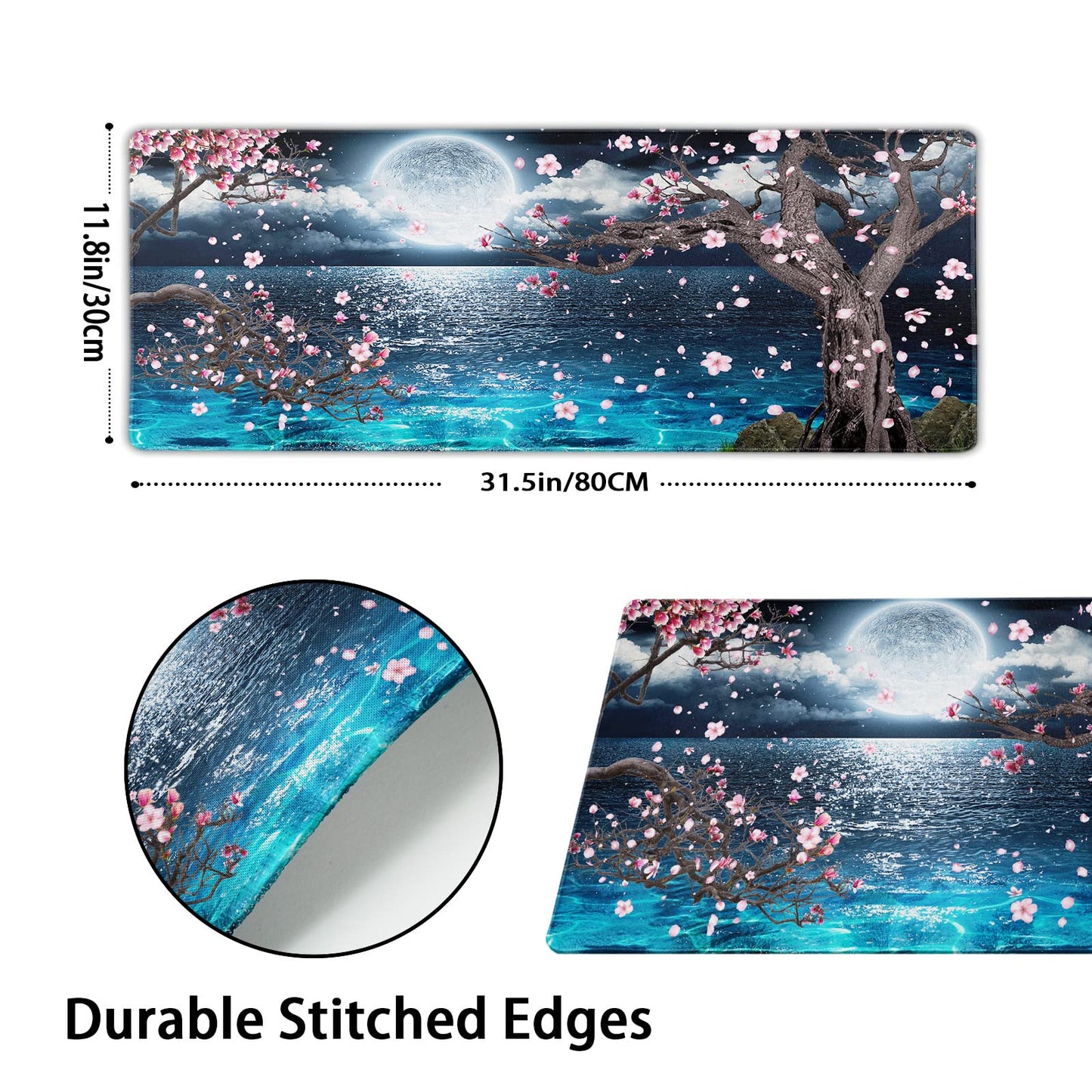Pink Cherry Blossom Gaming Mouse Pad XL Sakura Tree Blue Ocean Moon Night Extended Big Large Desk