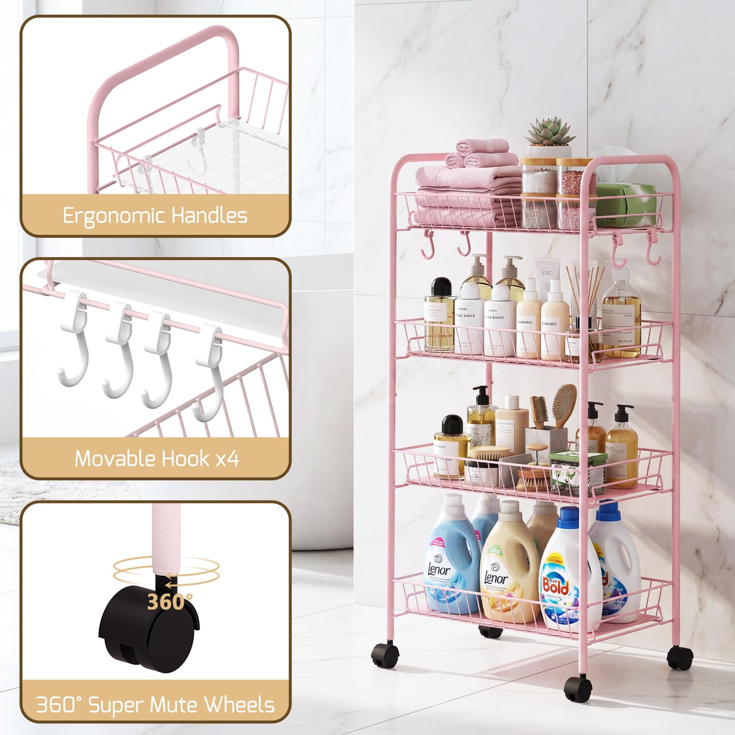 PLKOW 4-Tier Rolling Utility Cart with Detachable Baskets, Pink