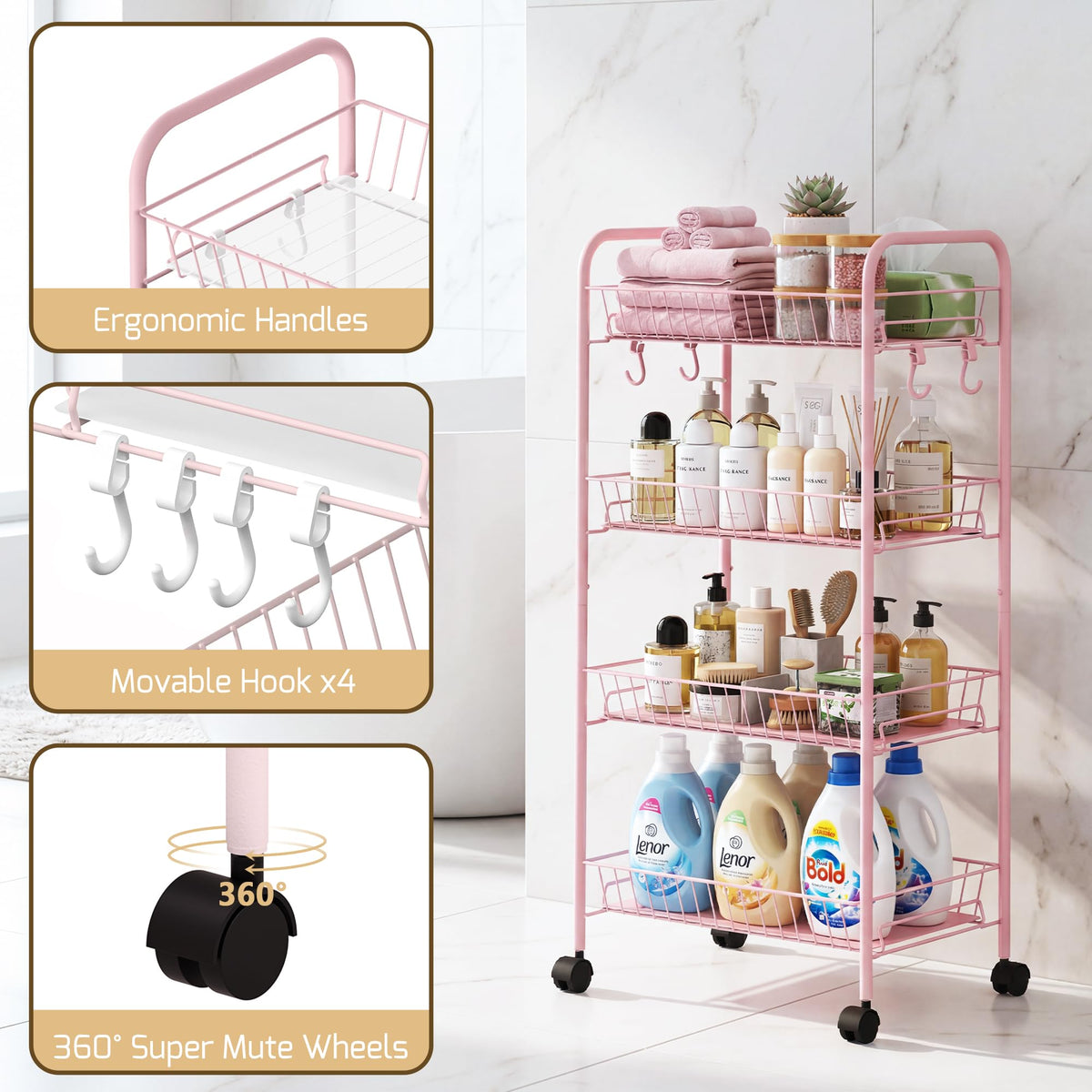 PLKOW 4-Tier Rolling Utility Cart with Detachable Baskets, Pink