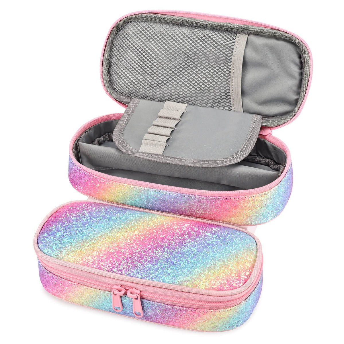 mibasies Girls Pencil Case for Kids, Multi-Slot Pencil Pouch, Twill Pink Blue
