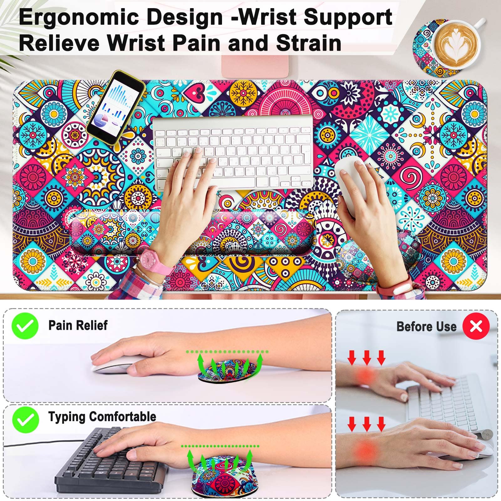 4 in 1 Mouse Pad and Keyboard Wrist Rest,Large Desk Mat,Coaster Set-Mandala