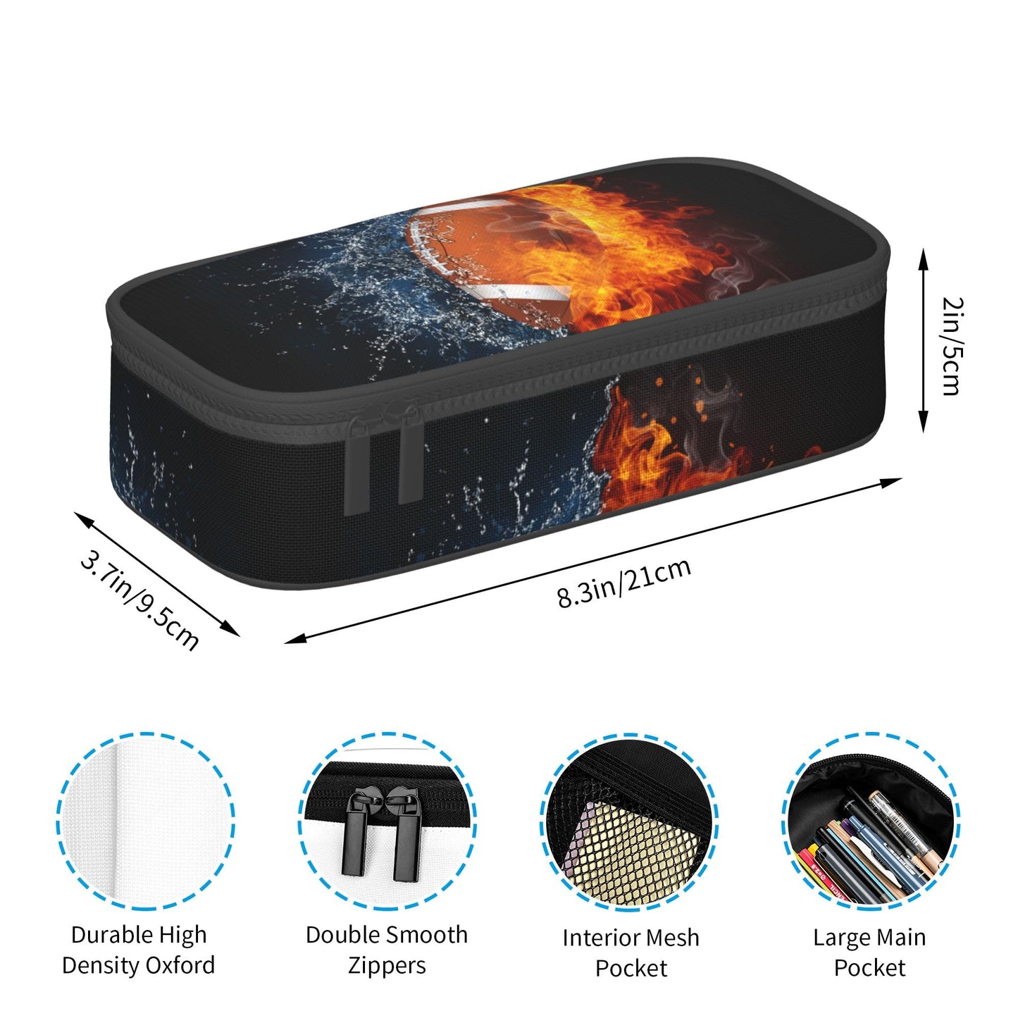 Kids Pencil Pouch for Boys, Football Pencil Case with Fire Water Pattern Print, Big Capacity Black