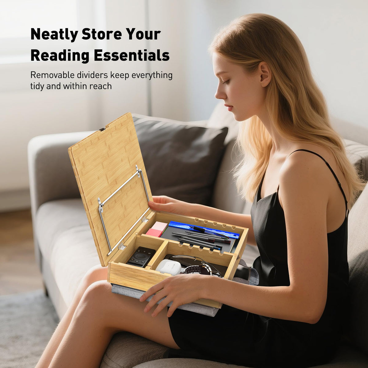 AboveTEK Book Stand for Reading with Storage, Adjustable Bamboo Book Holder with Soft Lap Cushion