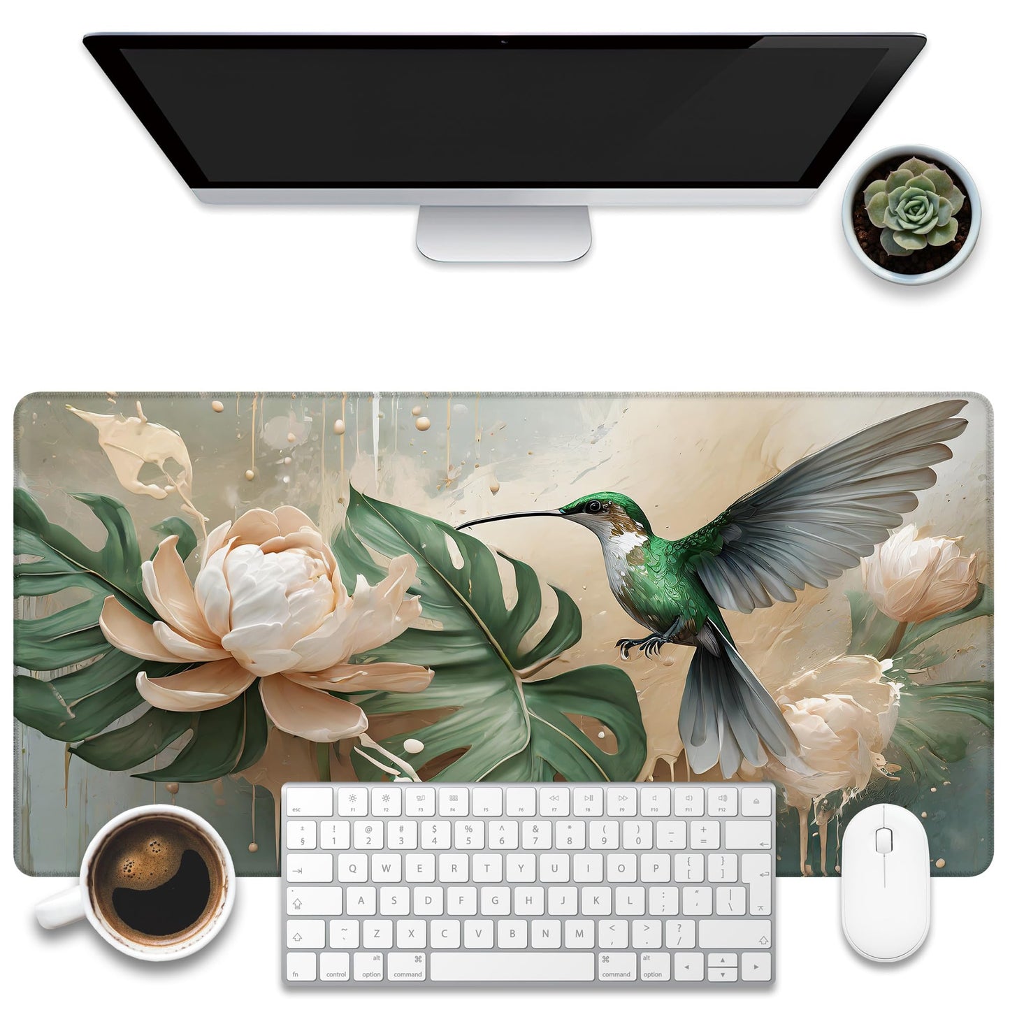 KOAIWPAE Desk Pad, Elegant Hummingbird Desk Mat, Oil Painting Flowers and Leaves Large Gaming Mouse