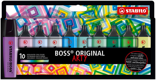 STABILO Highlighter BOSS ORIGINAL - ARTY - Pack of 10 - Cool Colors, Chisel Tip, Anti-Dry Out