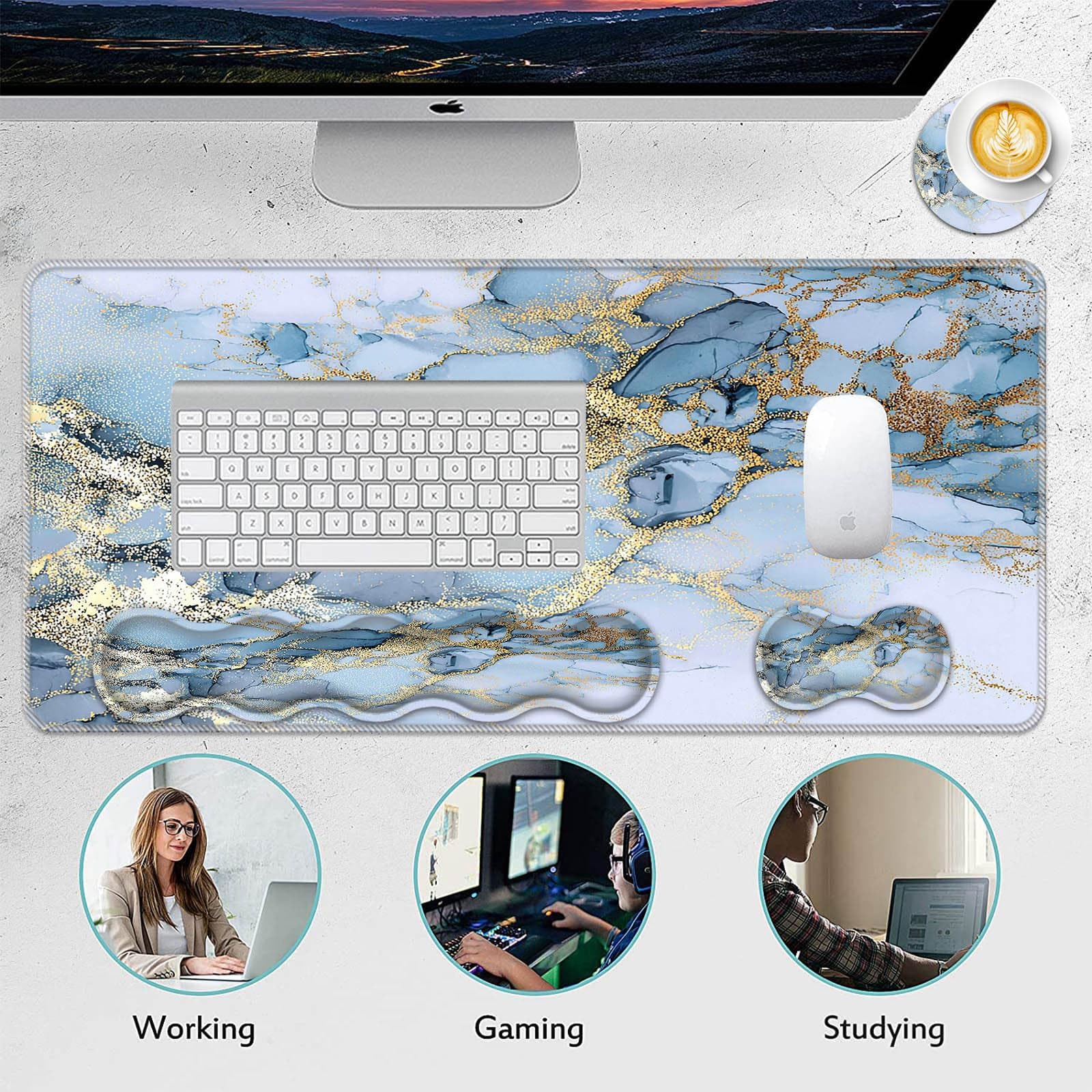 FGDRFGRW Mouse Pad Set,(31.5×11.8 in) Desk Pad + Keyboard Wrist Rest Support + Mouse Wrist Rest +