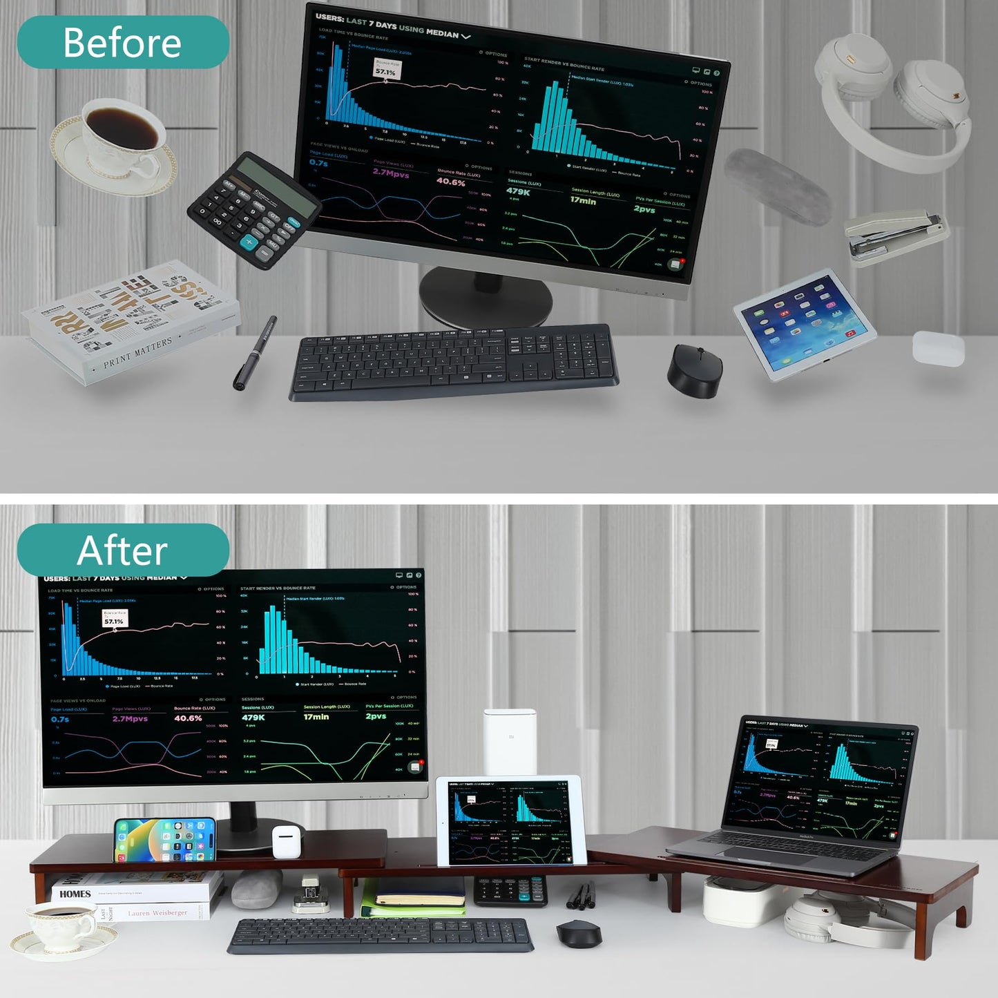 Nnewvante Dual Monitor Riser, 60 inch Bamboo Monitor Stand for Desk, Walnut