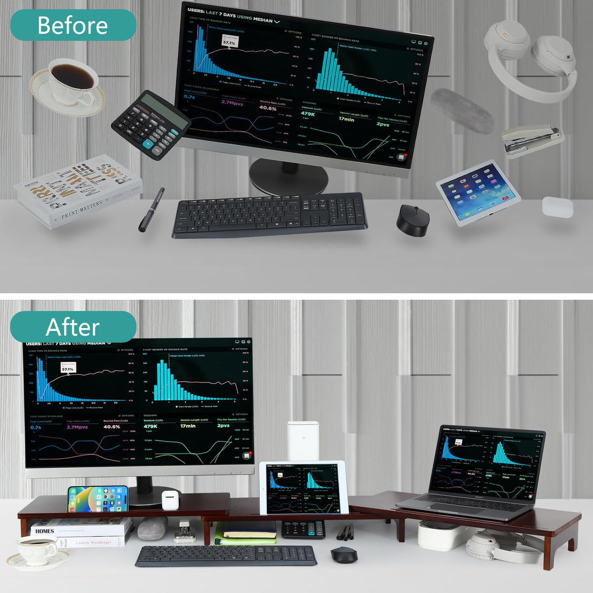 Nnewvante Dual Monitor Riser, 60 inch Bamboo Monitor Stand for Desk, Walnut
