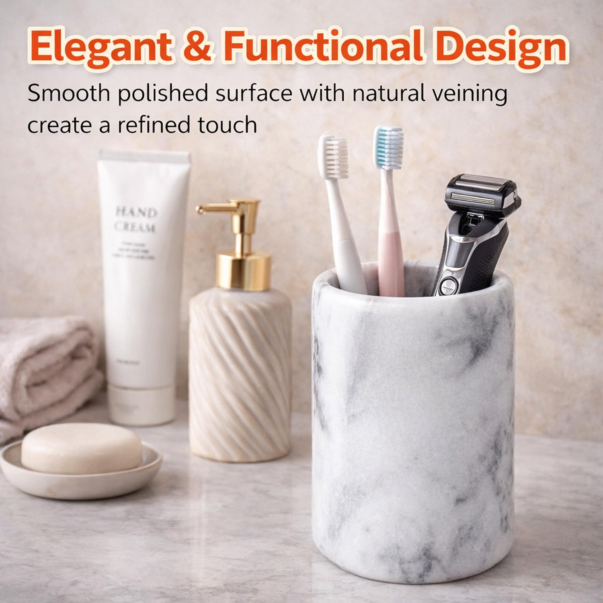 Creative Home White Marble Pen Holder, Heavy Stone Pencil Cup Organizer for Desk