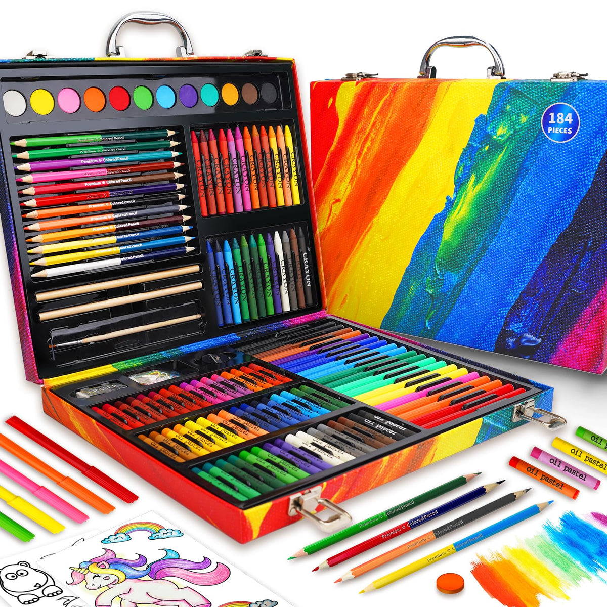Okiki Art Supplies Kit for Kids Ages 5-12, 184-Pack Art Case Coloring Set, Drawing Kits with Gifts