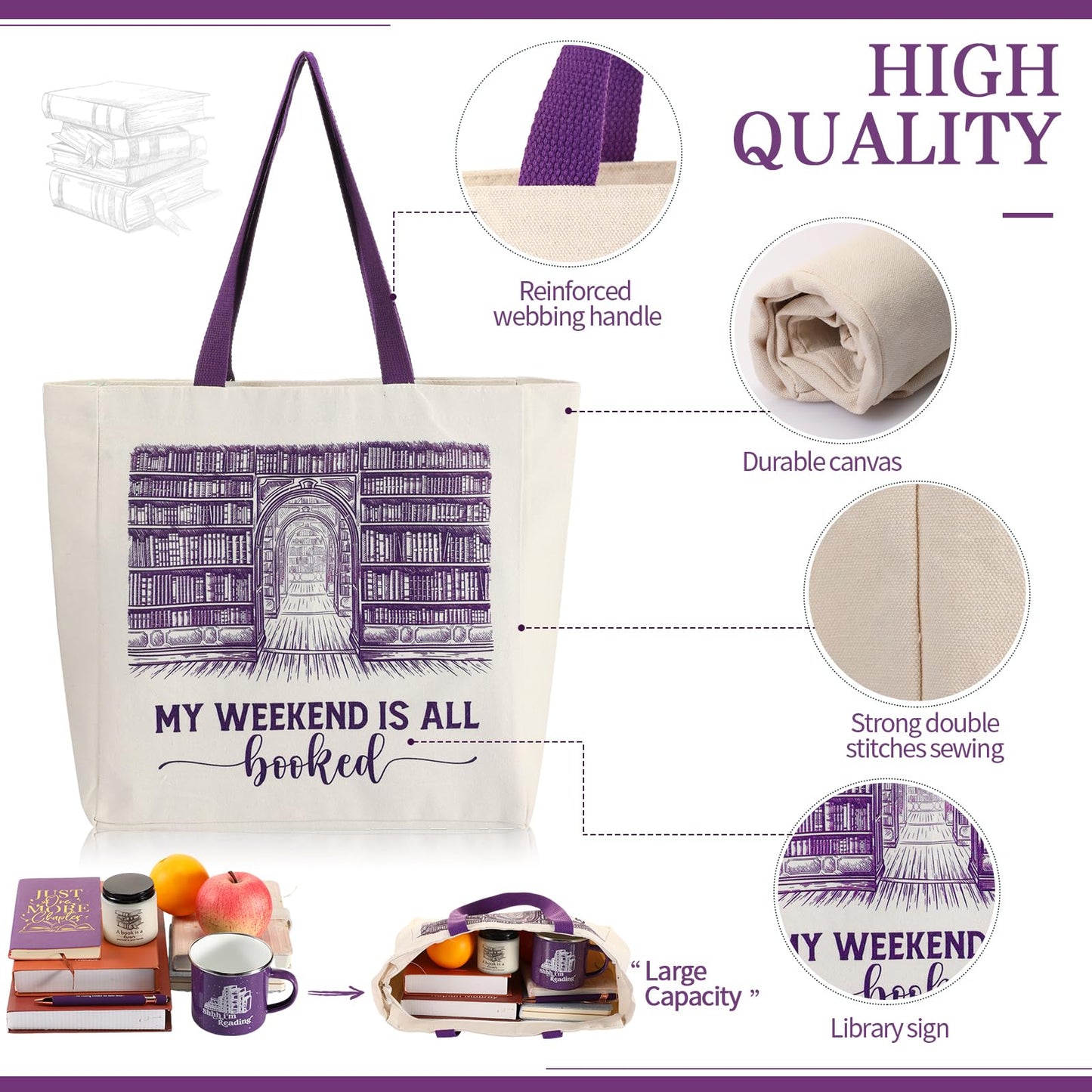 Jetec 5 Piece Book Lovers Set, Canvas Tote Bag Notebook, Candle, Purple