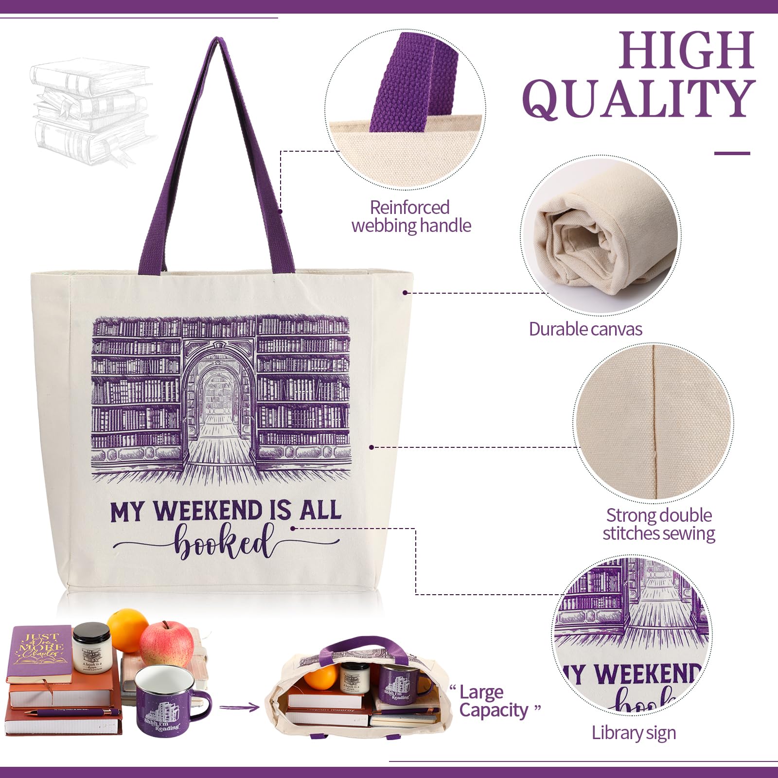 Jetec 5 Piece Book Lovers Set, Canvas Tote Bag Notebook, Candle, Purple