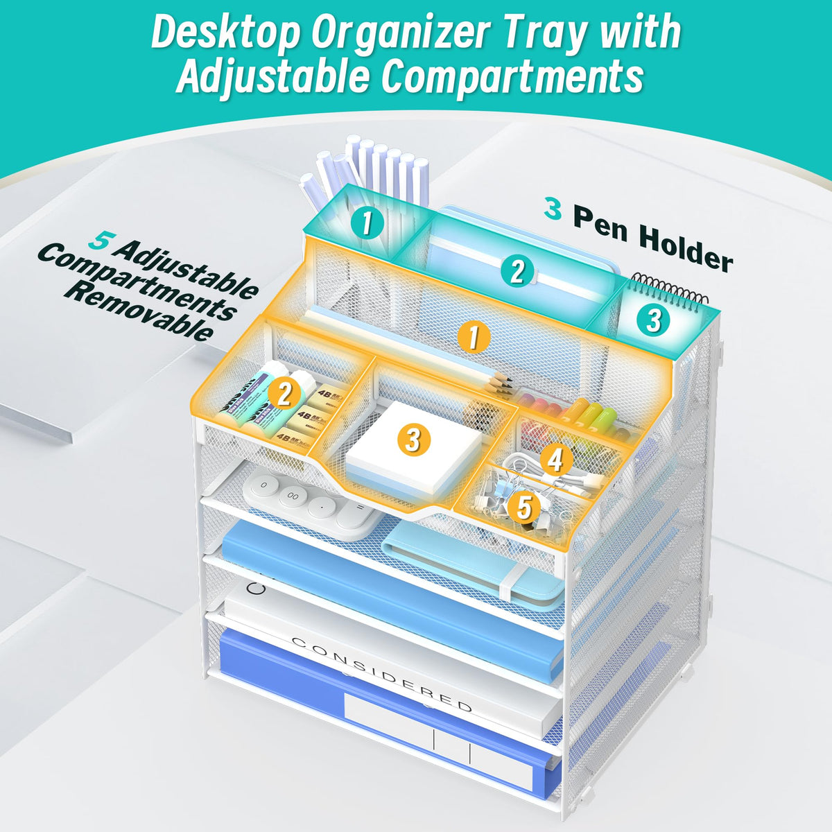 OrgMate 5 Tier Mesh Paper Desk Organizer with Pen Holders, White