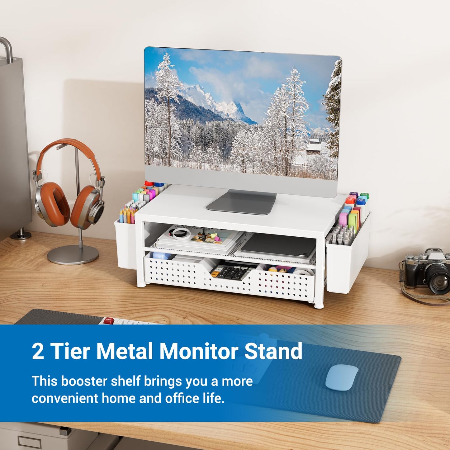 Gugsey Wood Metal Monitor Stand Riser, Laptop Stand for Desk, Office Desk Organizer and